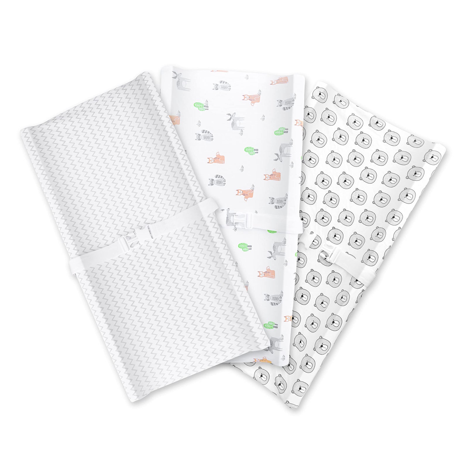 Moon Organic Changing Pad Cover. Washable. Soft Material. Slit For Safety Strap. Elastic Fit. Pack Of 3. Changing Mat Cover, 100% Organic Cotton Changing Pad Liner.Bear, Grey Strips & Forest 0M+.