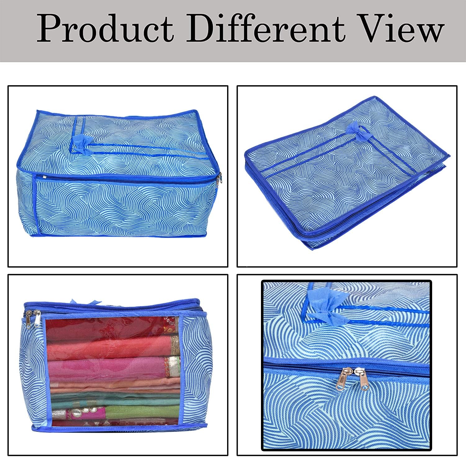 Fun Homes Metalic LaHariya Print 2 Piece Non Woven Saree Cover And 2 Pieces Underbed Storage Bag, Storage Organiser, Blanket Cover (Blue)