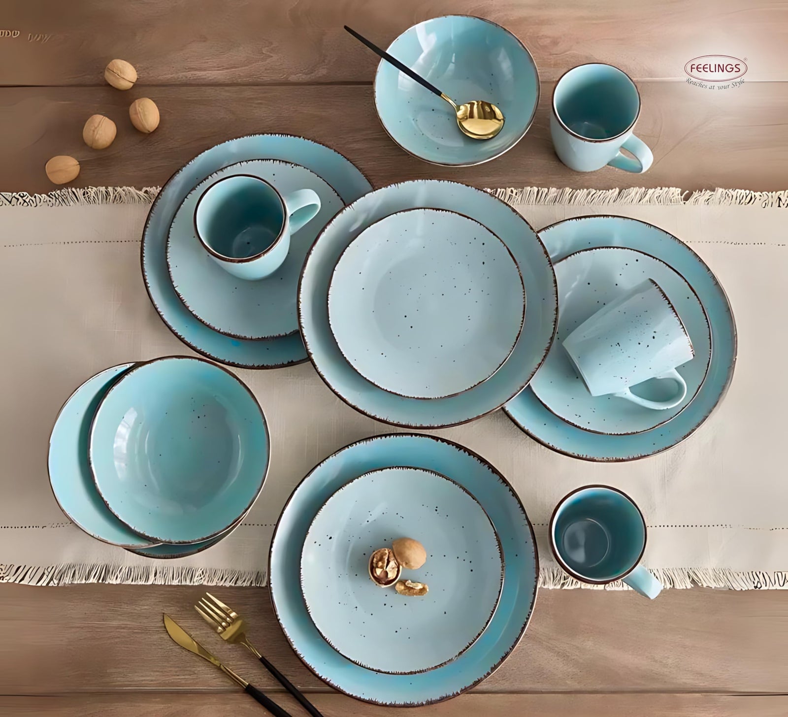 طقم عشاء من السيراميك FEELINGS STONEWARE مكون من 16 قطعة | أدوات مائدة متينة للاستخدام اليومي | يشمل أطباق، وأوعية، وأكواب | تصميم أنيق وعصري | آمن للغسالة والميكروويف (أزرق سماوي)