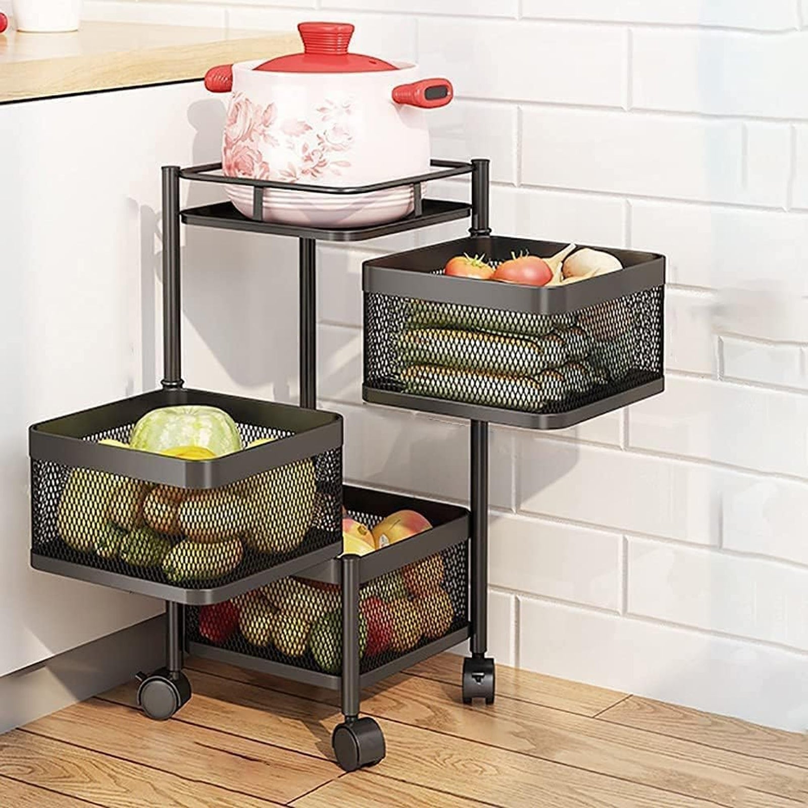 Sulfar Multi Purpose Trolley Storage Organizer And kitchen accessories items for Kitchen Storage Rack Square Design Fruits & Vegetable Onion Cutlery (Matt Black, 4 Layer Drawer)