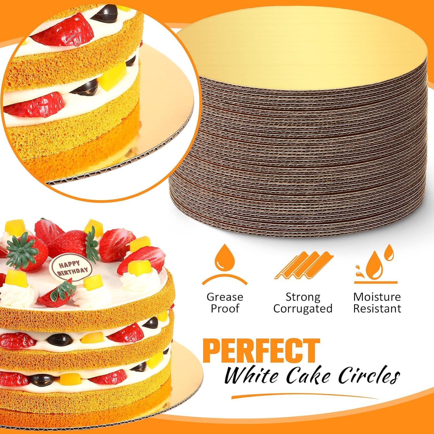 Al FAKHAMA 12 Pack Cake Boards, 6, 8, 10, 12 Inch Round Cake Circles, Cake Base Cardboards 3 of Each Size for Cake Decorating, Gold - Pack Of 12