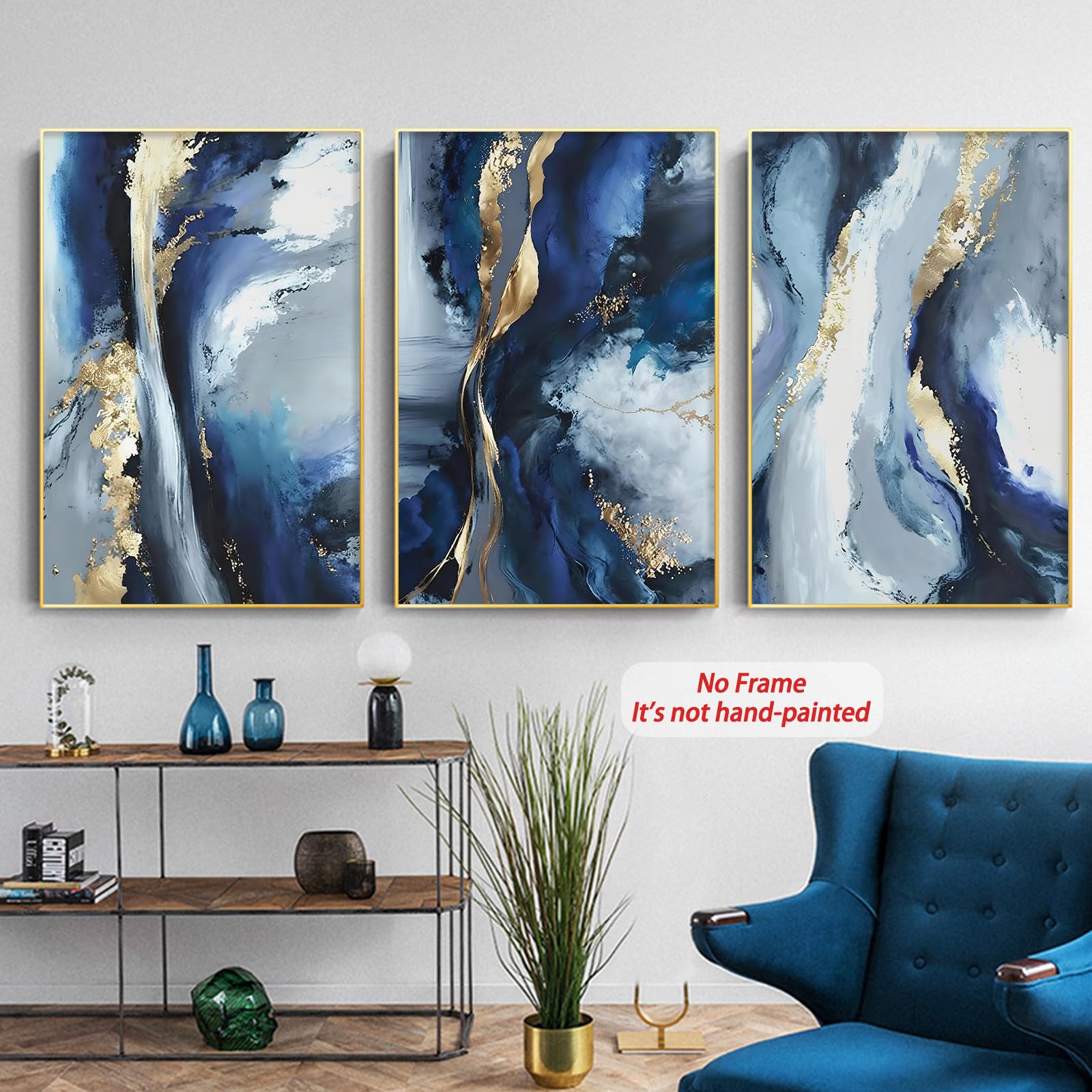 Blue Gold Abstract Wall Art Blue and White Abstract Prints Blue Yellow Abstract Art Blue White and Gold Canvas Painting Navy Blue Modern Artwork Blue Gold Pictures Wall Decor 16x24inx3PCS No Frame
