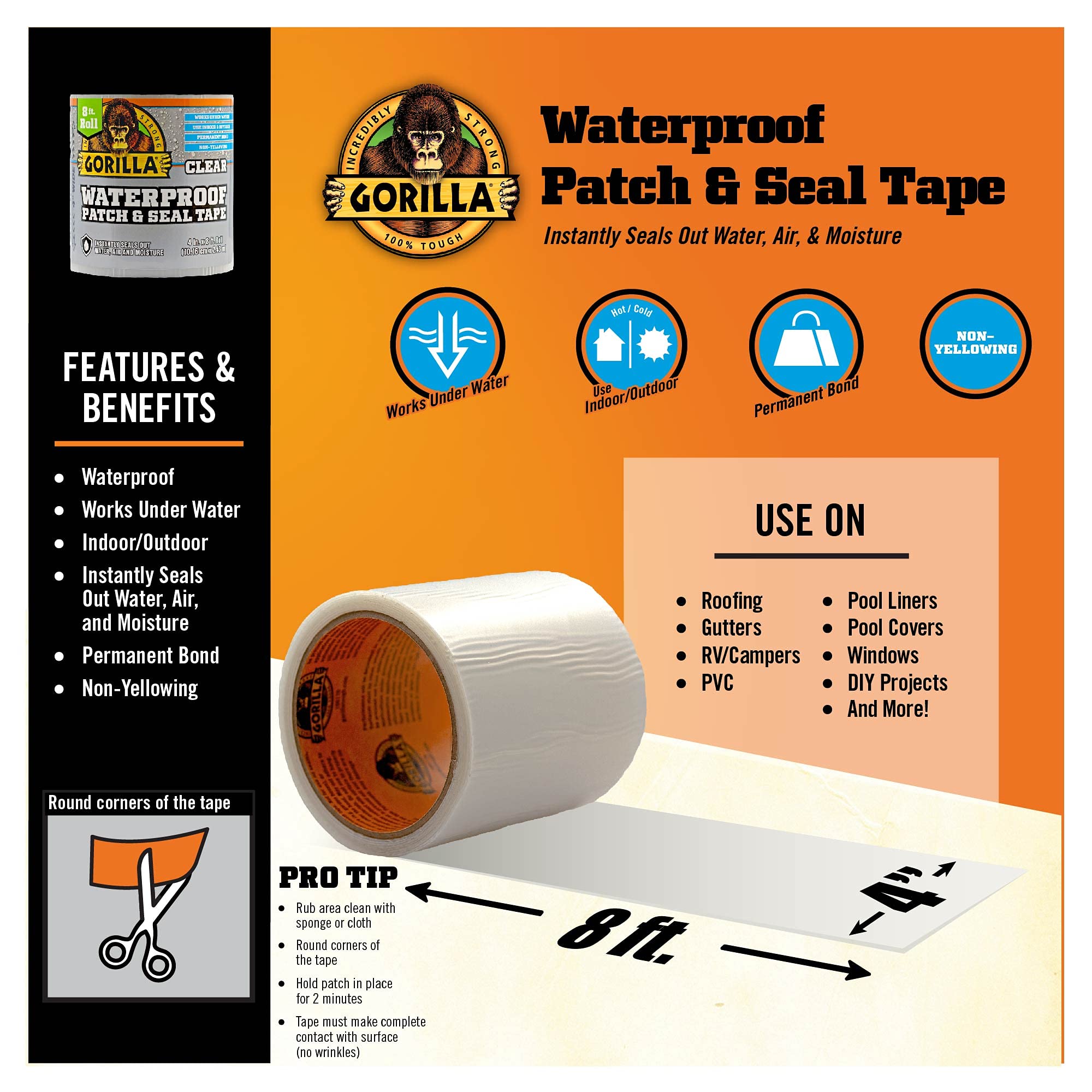 Gorilla Waterproof Patch & Seal Tape, 4" x 8', Clear, (Pack of 1)