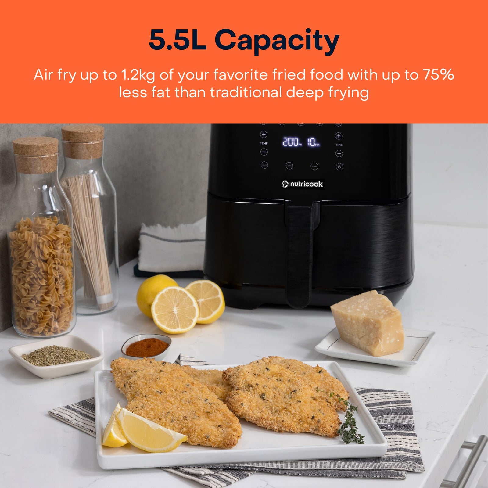 Nutricook Air Fryer 2, 1700 Watts, Digital Control Panel Display, 10 Preset Programs With Built-In Preheat Function, 5.5 Liter Black, Af205K