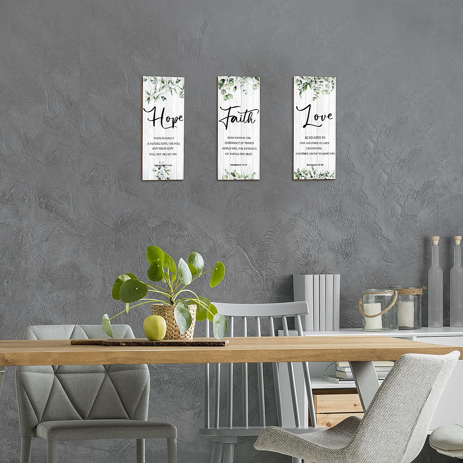 Blulu 3 Pieces Faith Hope Love Wall Decor Bible Verse Inspirational Wall Art Hanging Wall Plaque Rustic Wooden Green Leaves Wall Sign Scripture Quote for Home Bedroom Wall Decoration