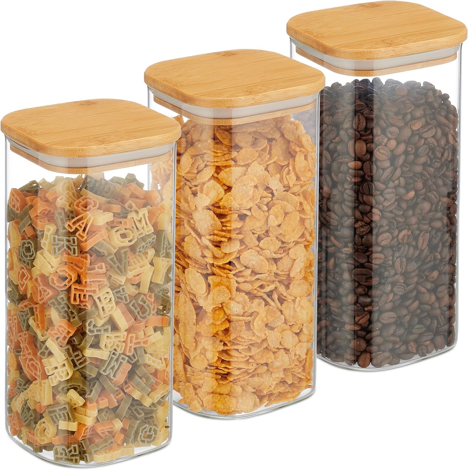 SKY-TOUCH 1500ml Glass Spice Jar storage Set,Food containers,Glass Jar with Bamboo Airtight Lids,Mini Clear Food Storage Containers for kitchen Counter,Rice, Cereal,Tea, Herbs,Sugar,3 pieces,transpant