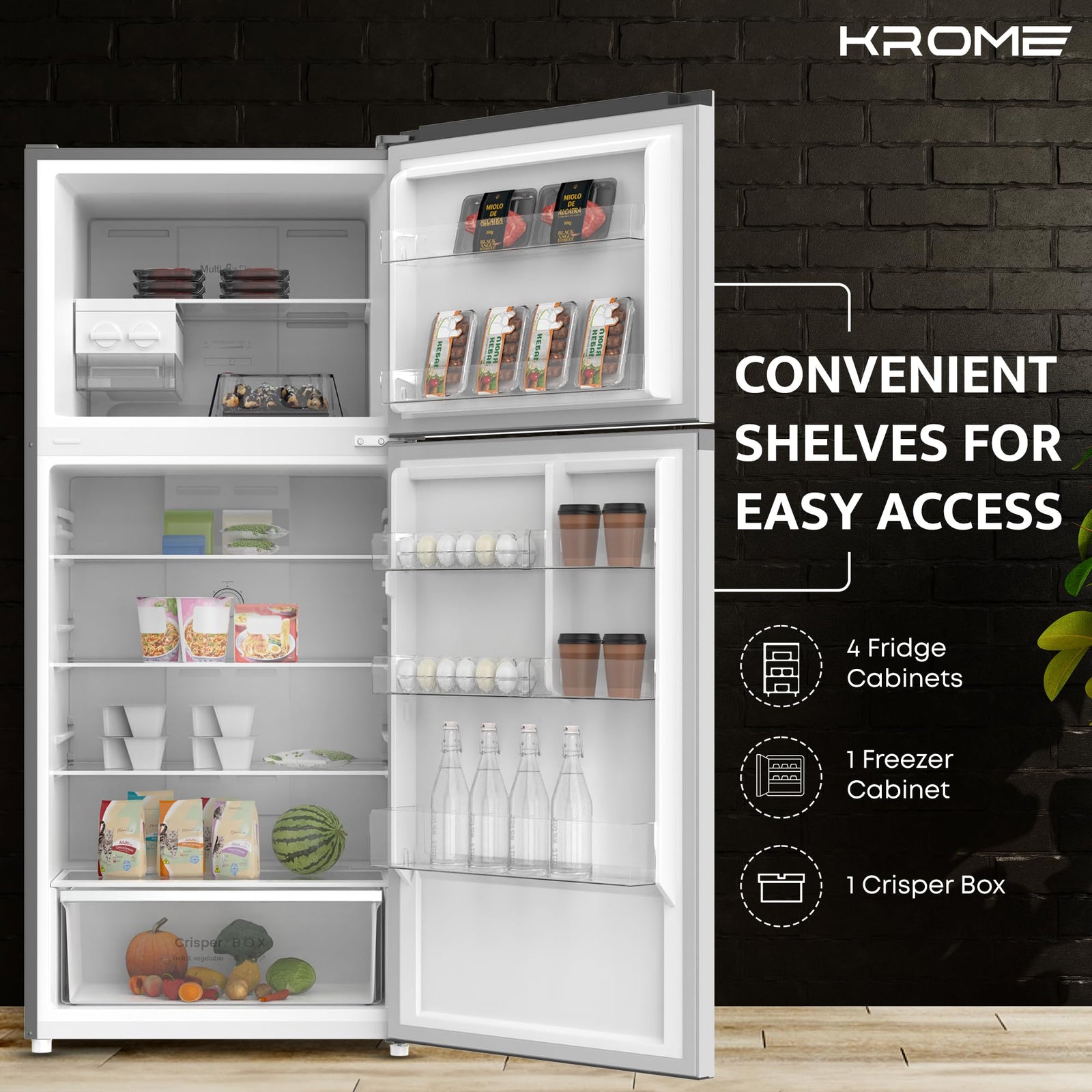 KROME 455 Liter Gross Top Mount Double Door Refrigerator, No Frost Cooling System, LED Display, Convenient Shelves For Easy Access, INOX, 10 Year Compressor - KR-RFF 480 IM