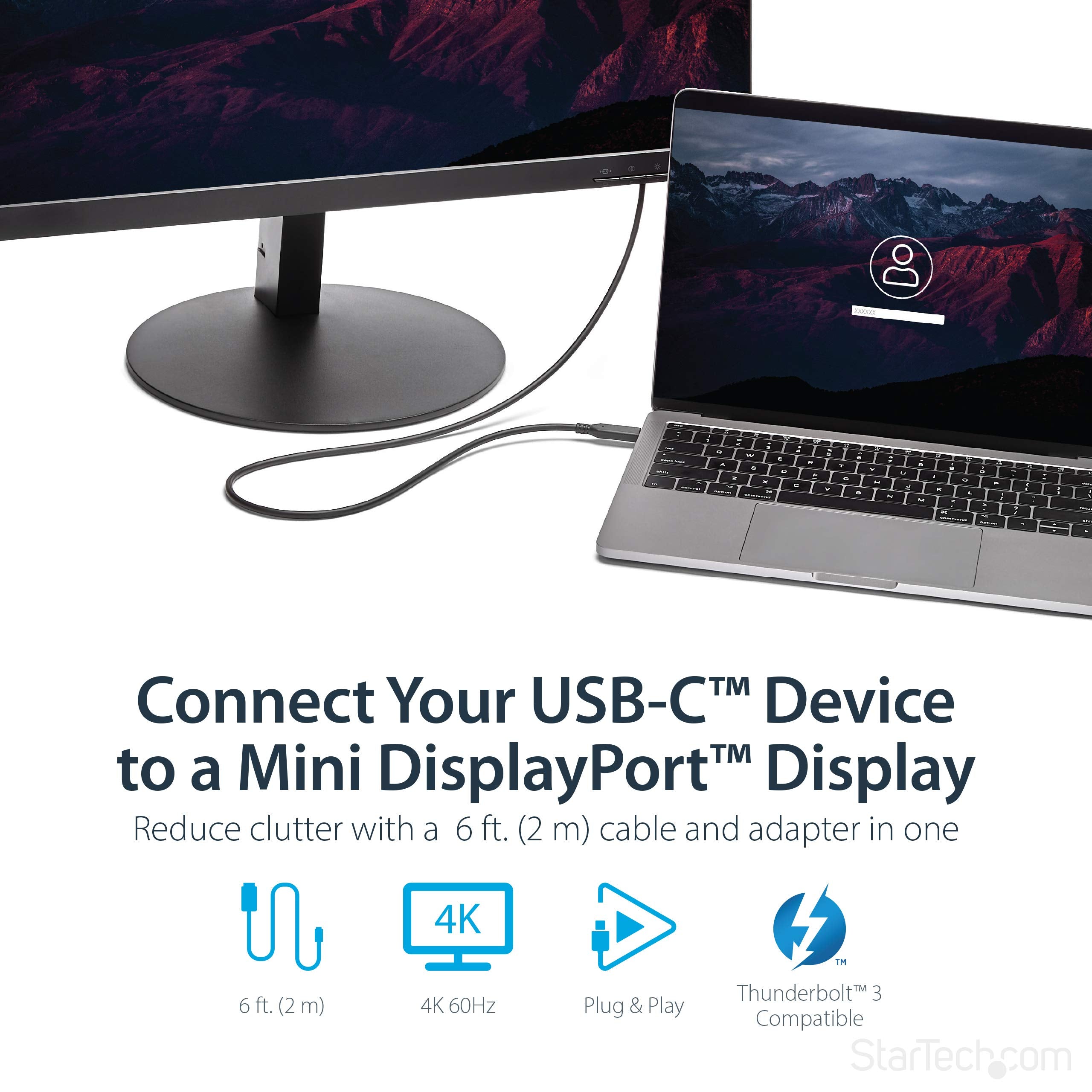 StarTech StarTech.com 6ft / 2m USB-C to Mini DisplayPort Cable - 4K 60Hz Black USB 3.1 Type C mDP Adapter (CDP2MDPMM6B)