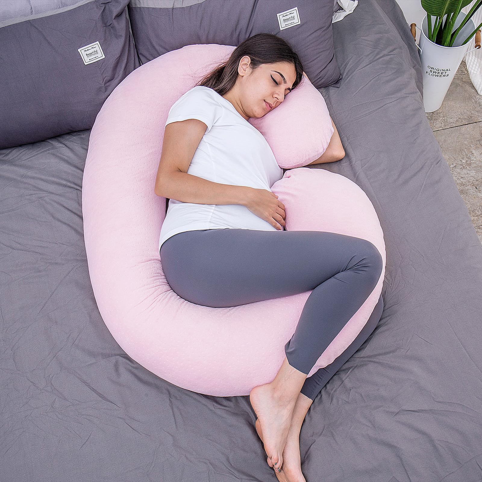 1 MIDDLE ONE C Shaped Pregnancy Pillow Cover, Breathable Velour Replacement Maternity Pillow Case with Zipper, Cover Only (Pink)