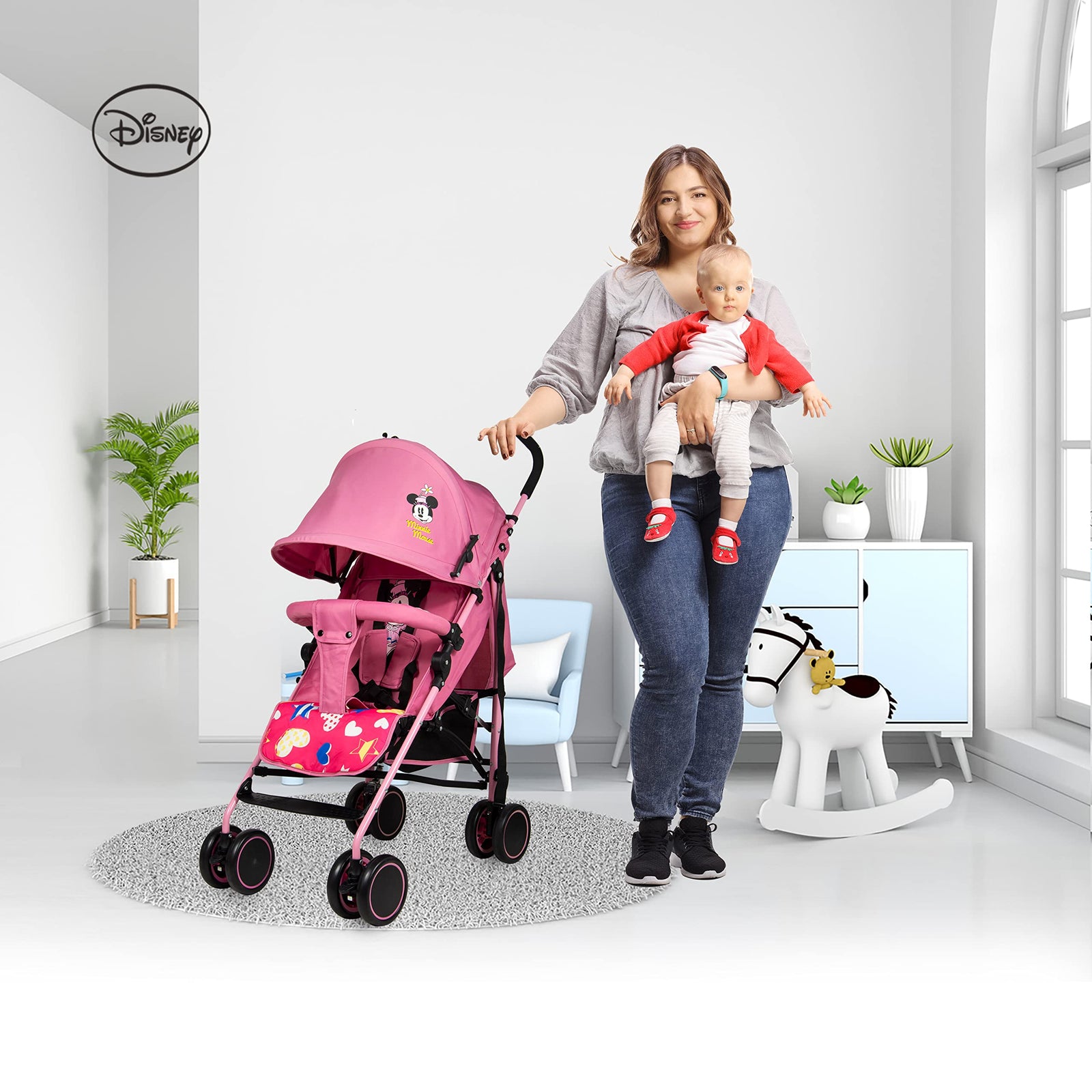 Disney Minnie Mouse Lightweight Adventure Stroller + Storage Cabin | 0-36 months, Compact Design, Shoulder Strap, Adjustable Reclining Seat and More.