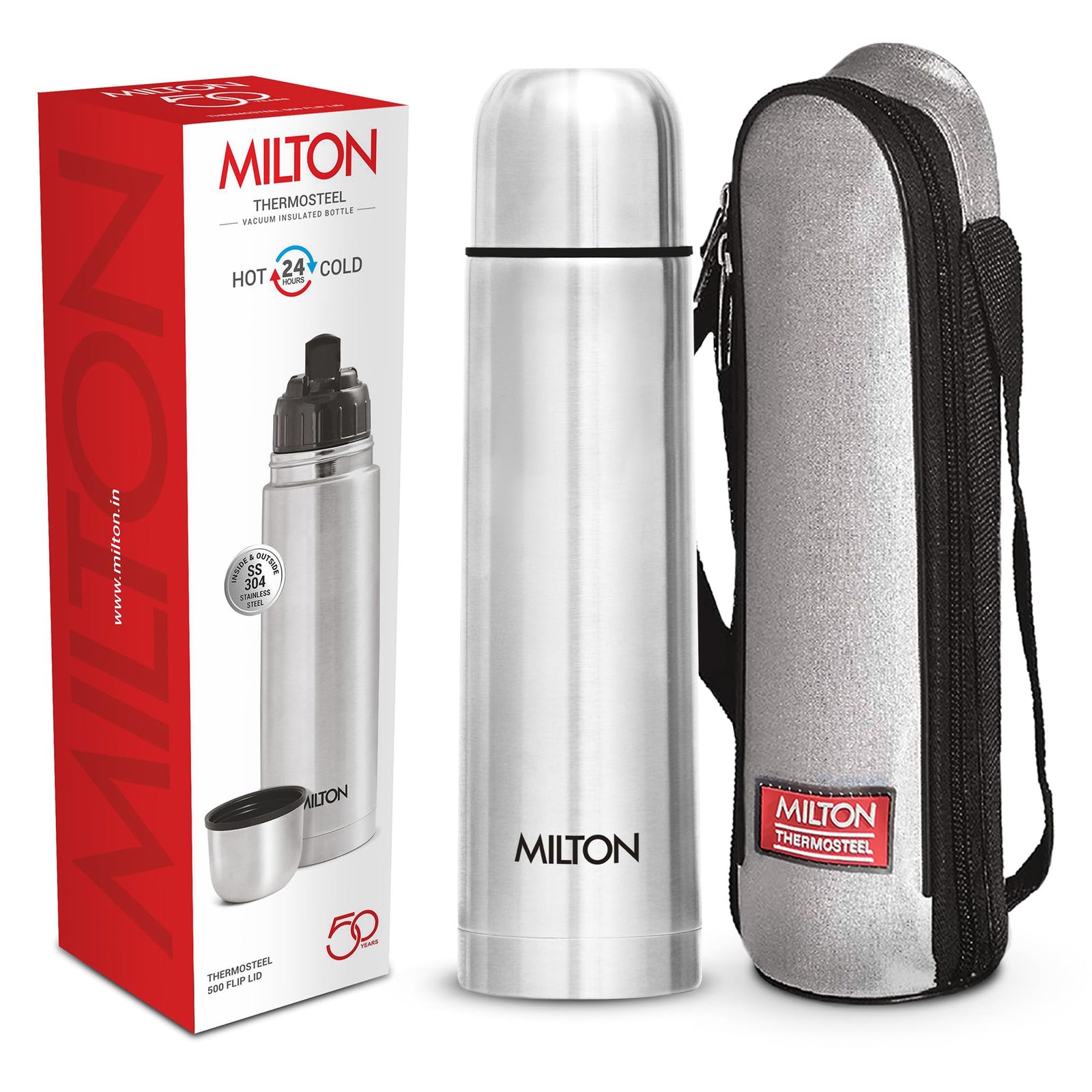 Milton Flip Lid 500 Thermosteel 24 Hours Hot And Cold Water Bottle With Bag, 500 Ml, Silver