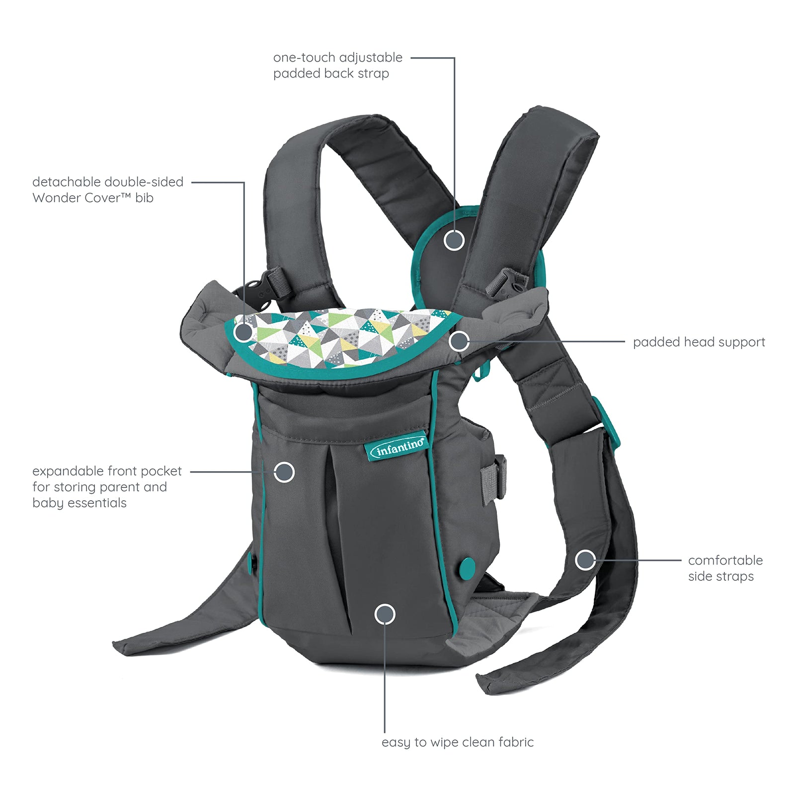 Infantino Swift Classic Carrier with Pocket - 2 Ways to Carry Grey_Carrier with Wonder Bib & Essentials Storage Front Pocket, Adjustable Back Strap, Inward & Outward Facing, Easy Clean Material