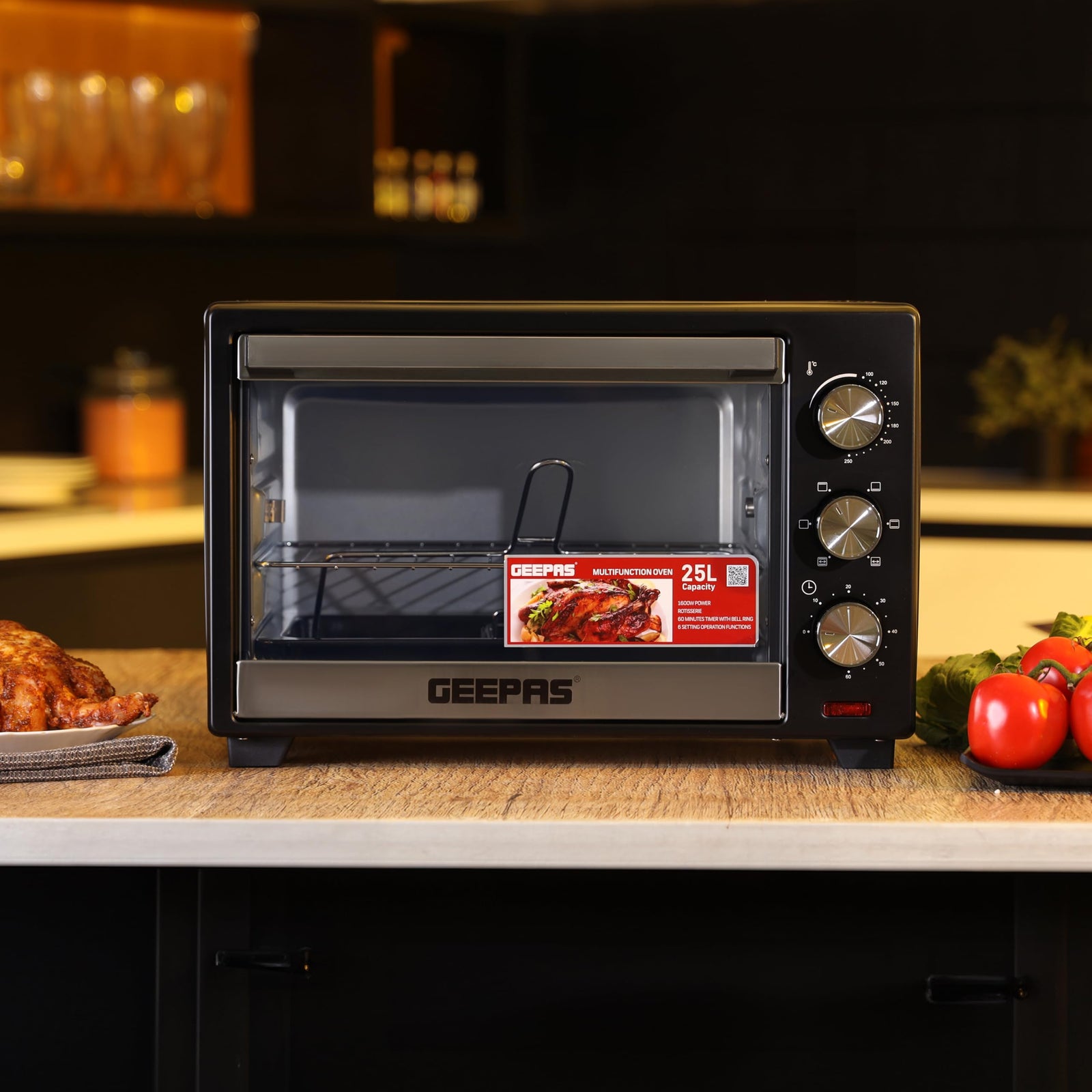Geepas Electric Oven With Rotisserie 25L,1600W GO34040| Perfect for Baking, Roasting & Grilling - Accessories Included