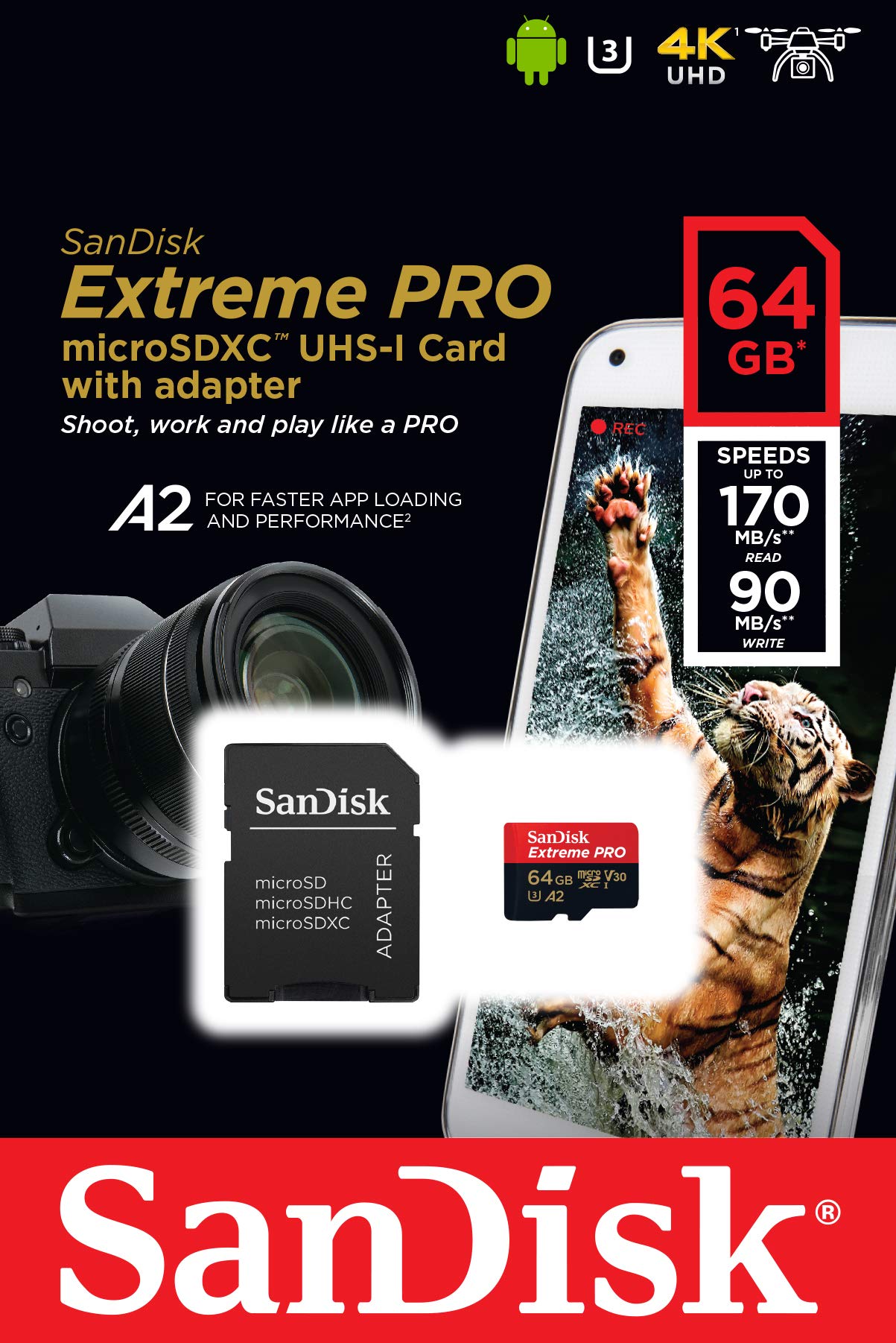 Sandisk Extreme Pro 64 GB Microsdxc Memory Card + Sd Adapter With A2 App Performance Up To 170 Mb/S, Class 10, U3, V30 (Sdsqxcy-064G-Gn6Ma)