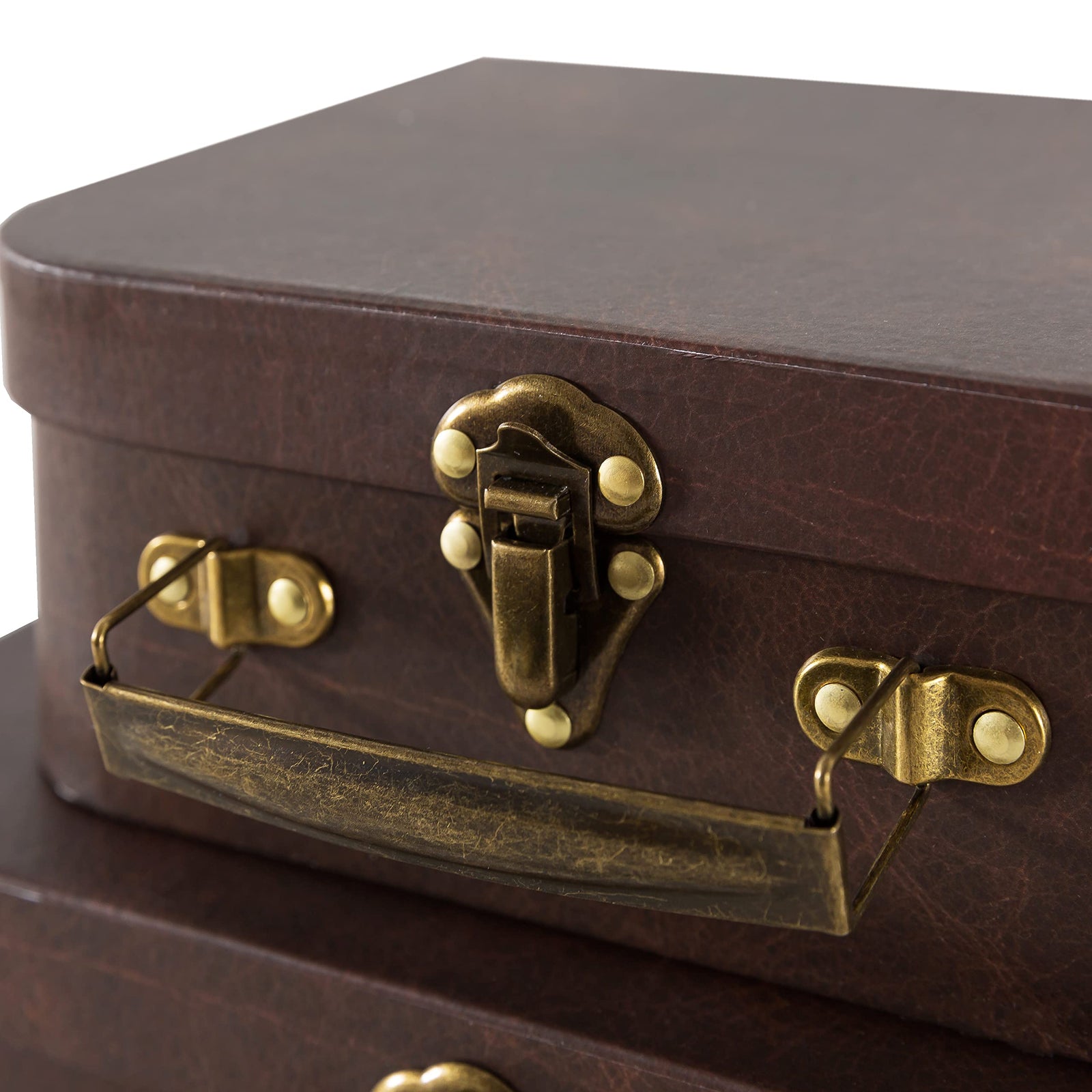 Paperboard Suitcases Set of 3, Brown Leather - Vintage Cardboard Suitcase Decor, Nesting Luggage Decorative Mache Boxes with Hinged Lids and Brass Handle, Mini Suitcases for Centerpieces, Photo Props
