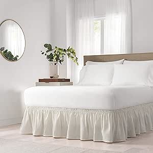 Easy Fit Solid Elastic Wrap Around Bed Skirt, Easy On/Off Dust Ruffle (18 Inch Drop), Queen/King, Ivory