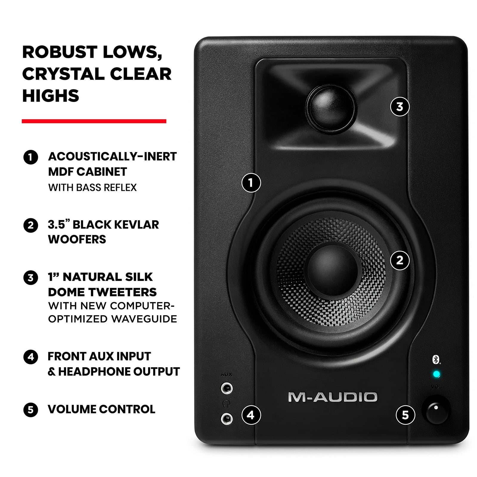 M Audio Bx3 Bt 3.5 Inch Bluetooth Multimedia Monitors Pair 120W Powered Monitor With 3.5'' Kevlar Lf Driver, 1'' Silk Dome Hf And Pair, Black, RCA