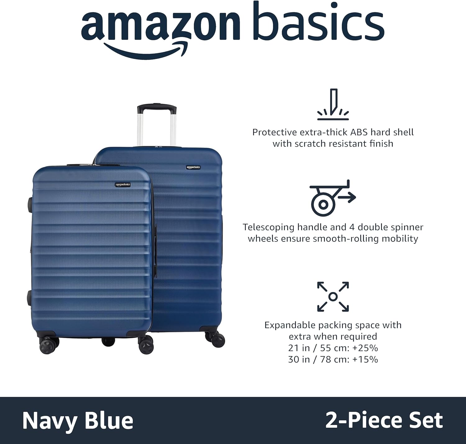 Amazon Basics 2-piece set Hardside spinner Luggage- 20/28 inch (50/71 cm), Material: ABS,