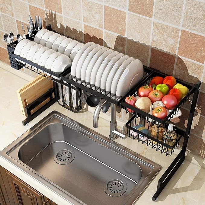 Sulfar Dish Drying Rack Over Sink, Drainer Shelf for Kitchen Supplies Storage Counter Organizer Utensils Holder Stainless Steel Display- Space Save Must Have (Black, Sink ? 33.5inch)