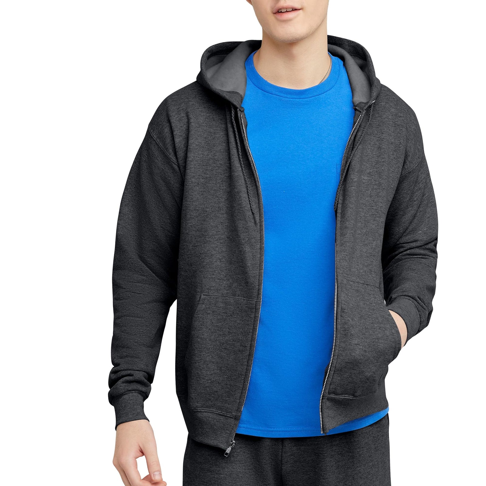 Hanes Men's Hoodie, EcoSmart Fleece Zip-Front Hooded Sweatshirt, Cotton-Blend Fleece Hooded Sweatshirt, Mid-Weight Zip-Up, Charcoal Heather, S