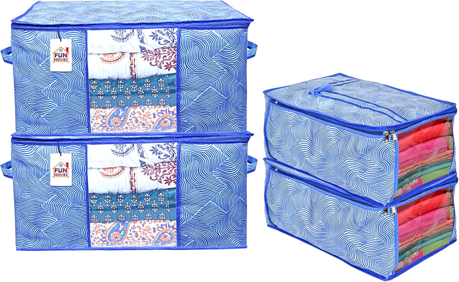 Fun Homes Metalic LaHariya Print 2 Piece Non Woven Saree Cover And 2 Pieces Underbed Storage Bag, Storage Organiser, Blanket Cover (Blue)