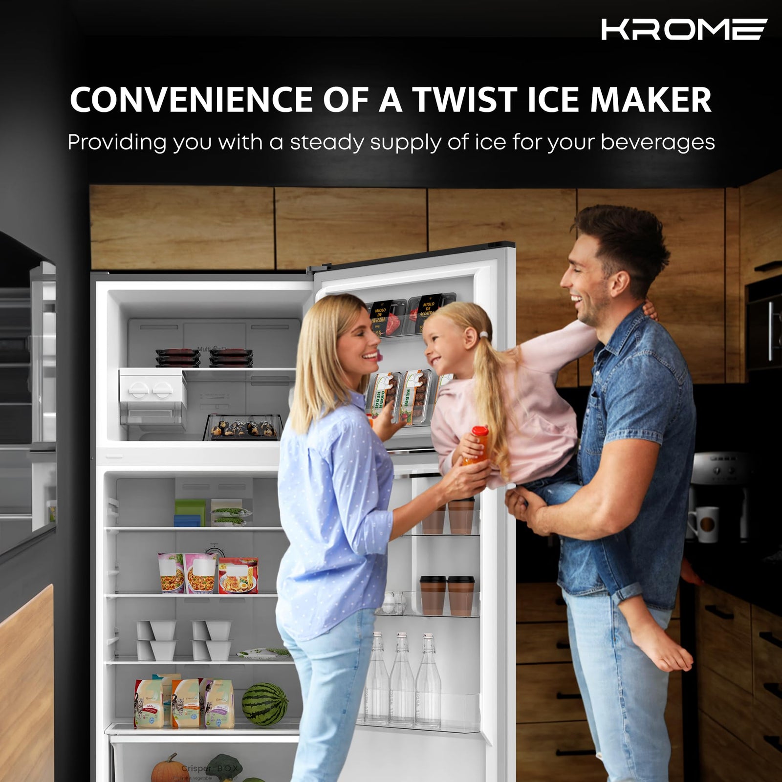 KROME 455 Liter Gross Top Mount Double Door Refrigerator, No Frost Cooling System, LED Display, Convenient Shelves For Easy Access, INOX, 10 Year Compressor - KR-RFF 480 IM