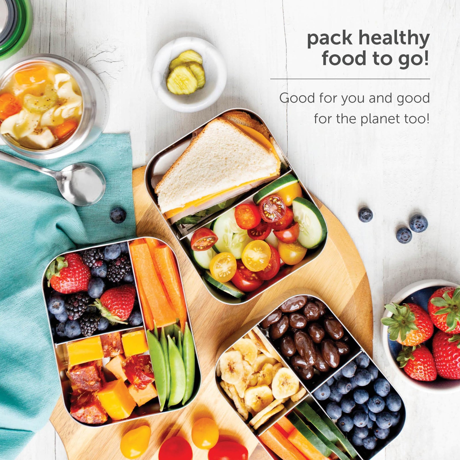 LunchBots Trio II Stainless Steel Food Container - Three Section Design Perfect for Healthy Snacks, Sides, or Finger Foods On the Go - Eco-Friendly, Dishwasher Safe and BPA-Free - Aqua Dots