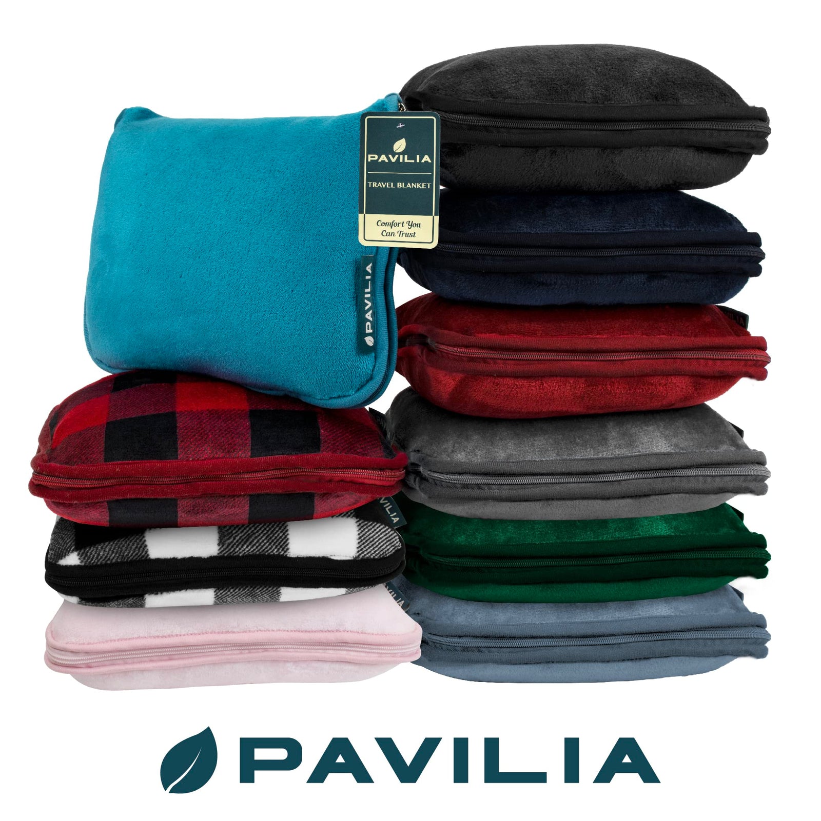 بطانية سفر PAVILIA مع حقيبة ناعمة وغطاء وسادة، بطانية مدمجة للطائرة، الرحلات البرية، التخييم | بطانية صوفية كبيرة محمولة للطائرة، السيارة، الحافلة، القطار مع حزام أمتعة يدوي 60x43 (أخضر زمردي)