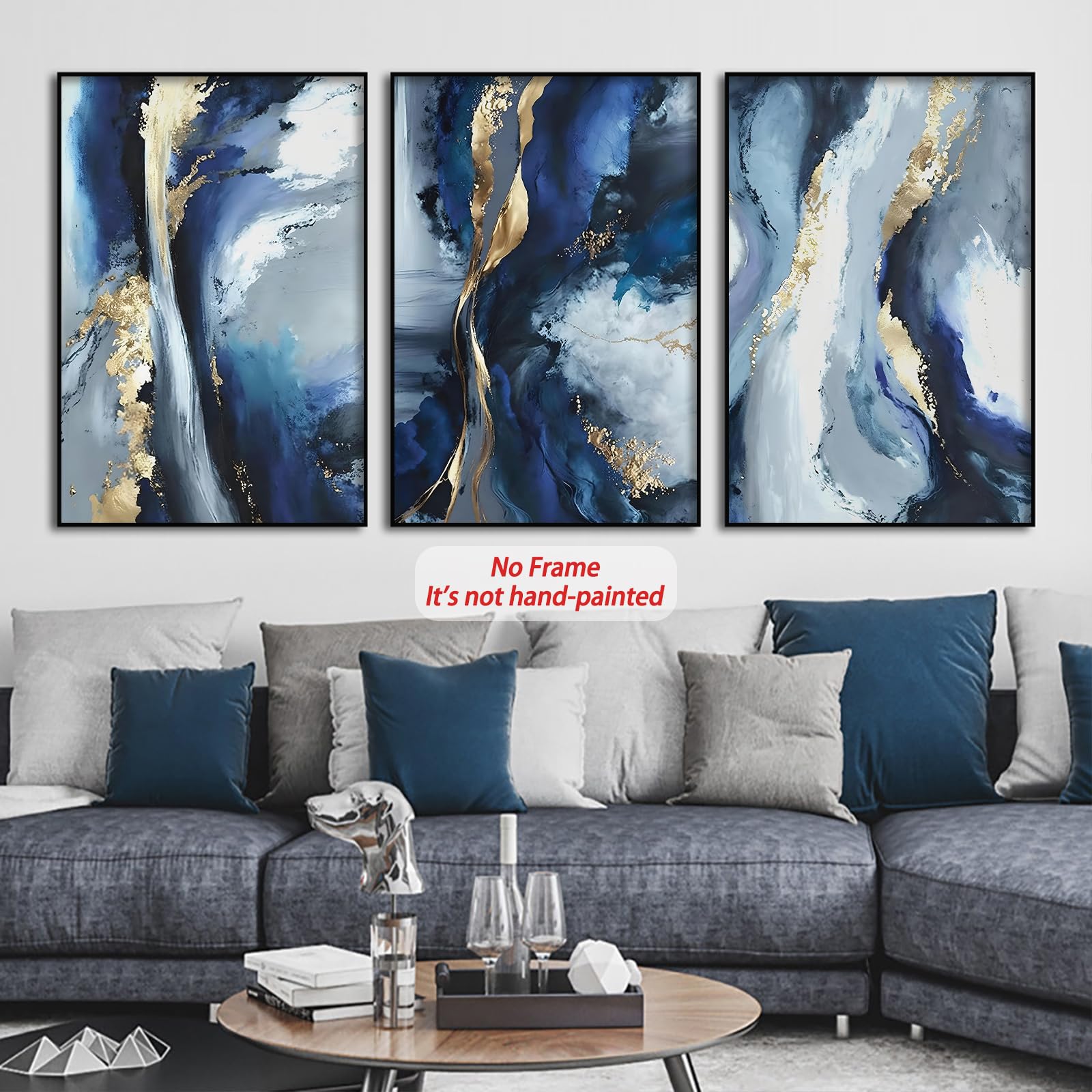 Blue Gold Abstract Wall Art Blue and White Abstract Prints Blue Yellow Abstract Art Blue White and Gold Canvas Painting Navy Blue Modern Artwork Blue Gold Pictures Wall Decor 16x24inx3PCS No Frame