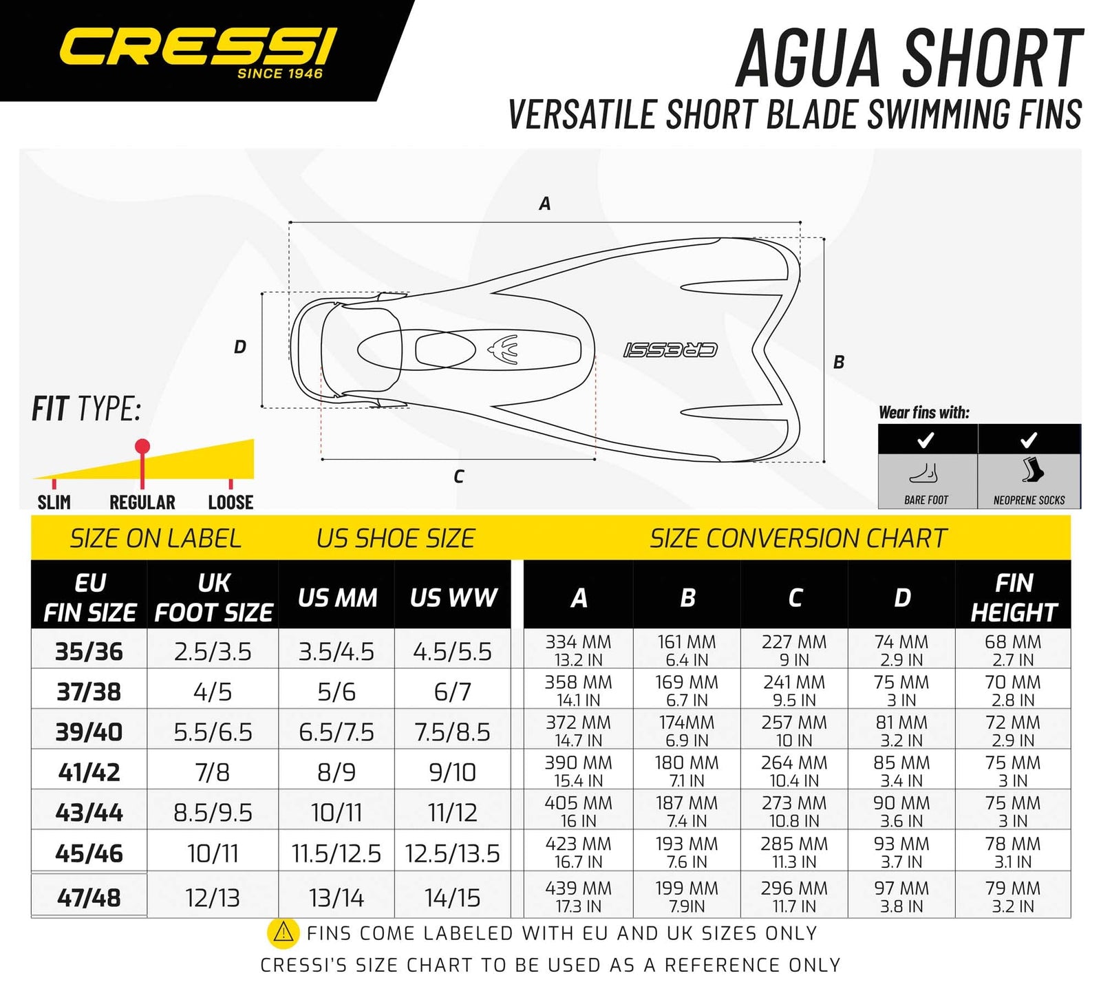 CRESSI Agua Short Fins - Self Adjusting Short Fins Snorkeling & Swimming Adults and Children