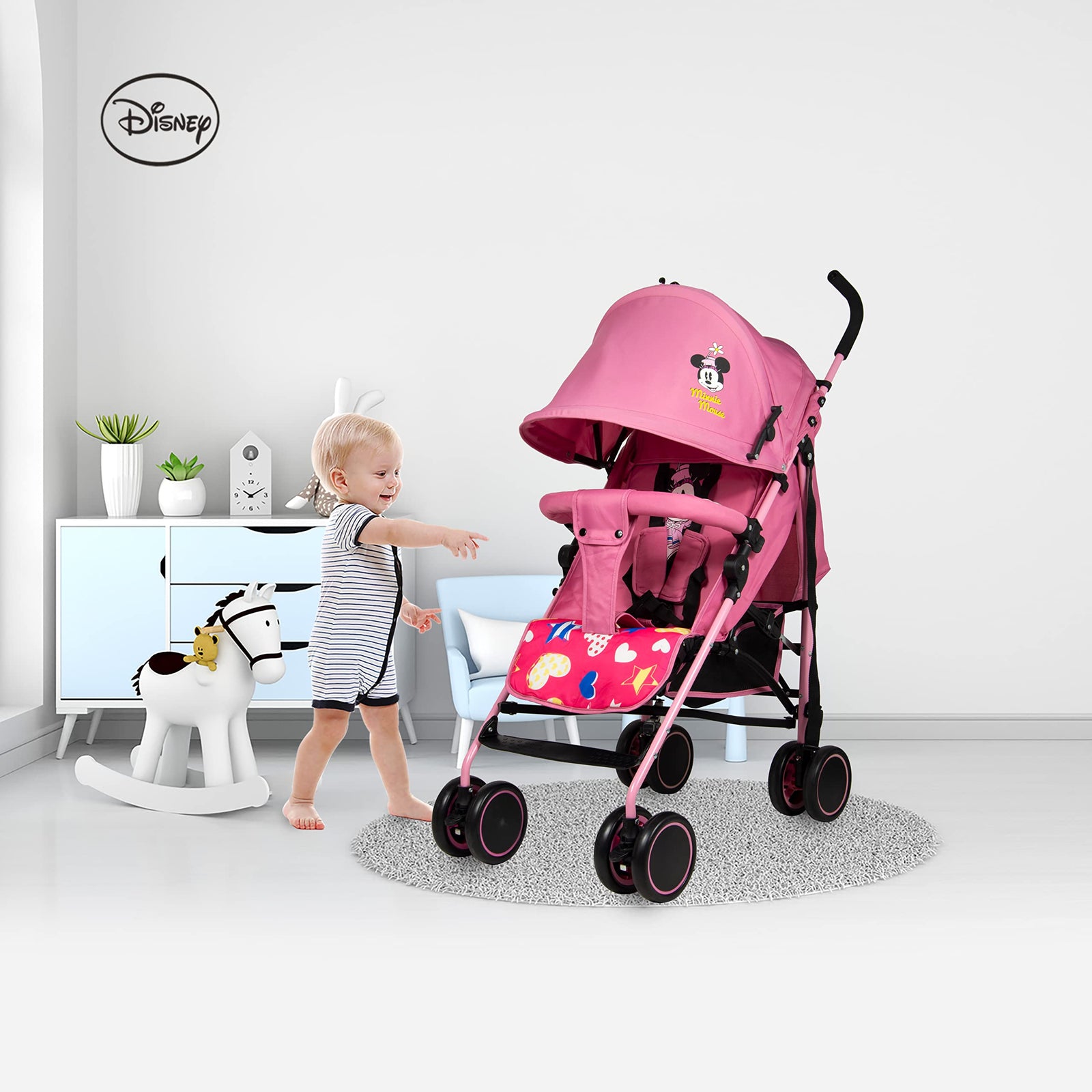 Disney Minnie Mouse Lightweight Adventure Stroller + Storage Cabin | 0-36 months, Compact Design, Shoulder Strap, Adjustable Reclining Seat and More.
