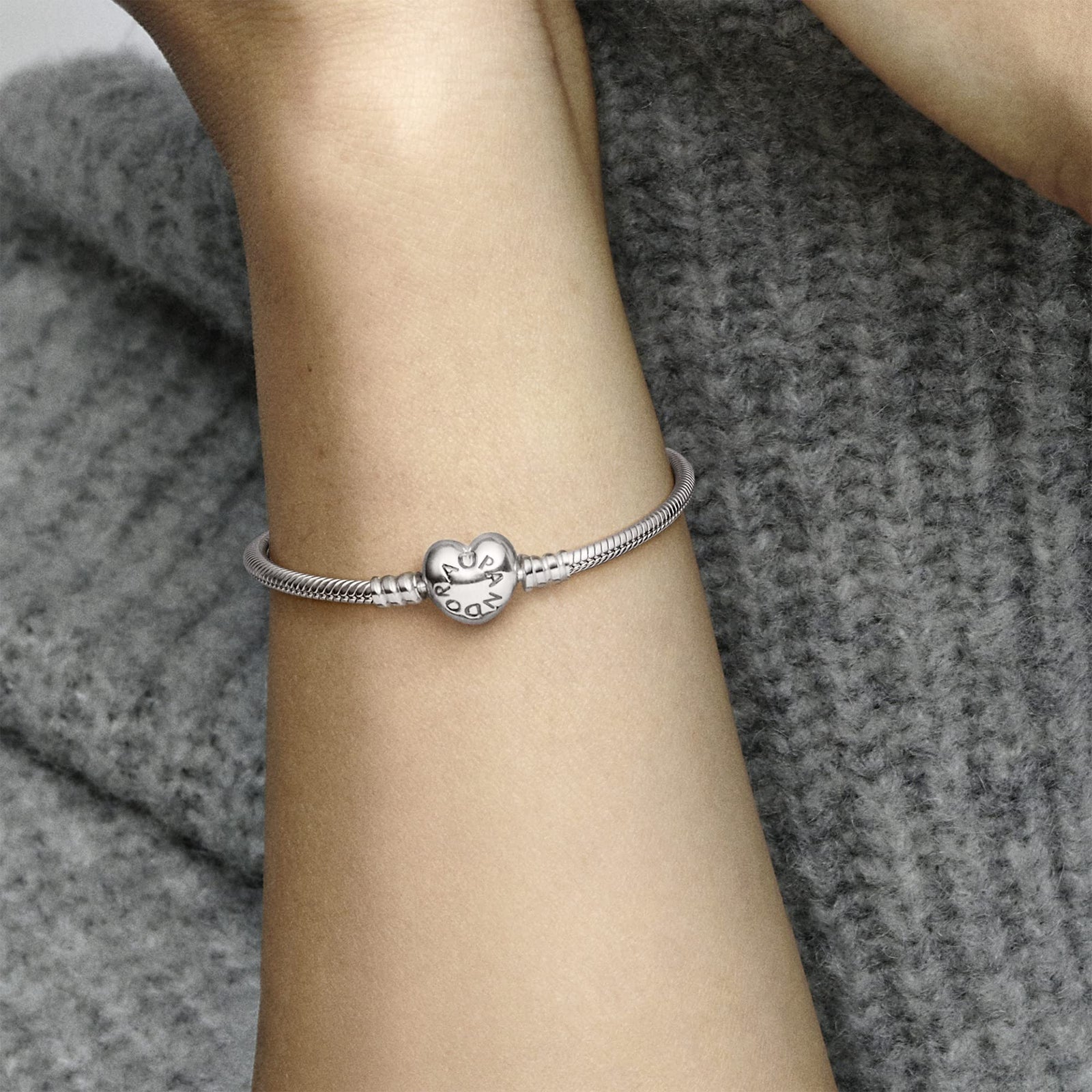 Pandora Moments Women's Sterling Silver Heart Clasp Snake Chain Bracelet for Charms