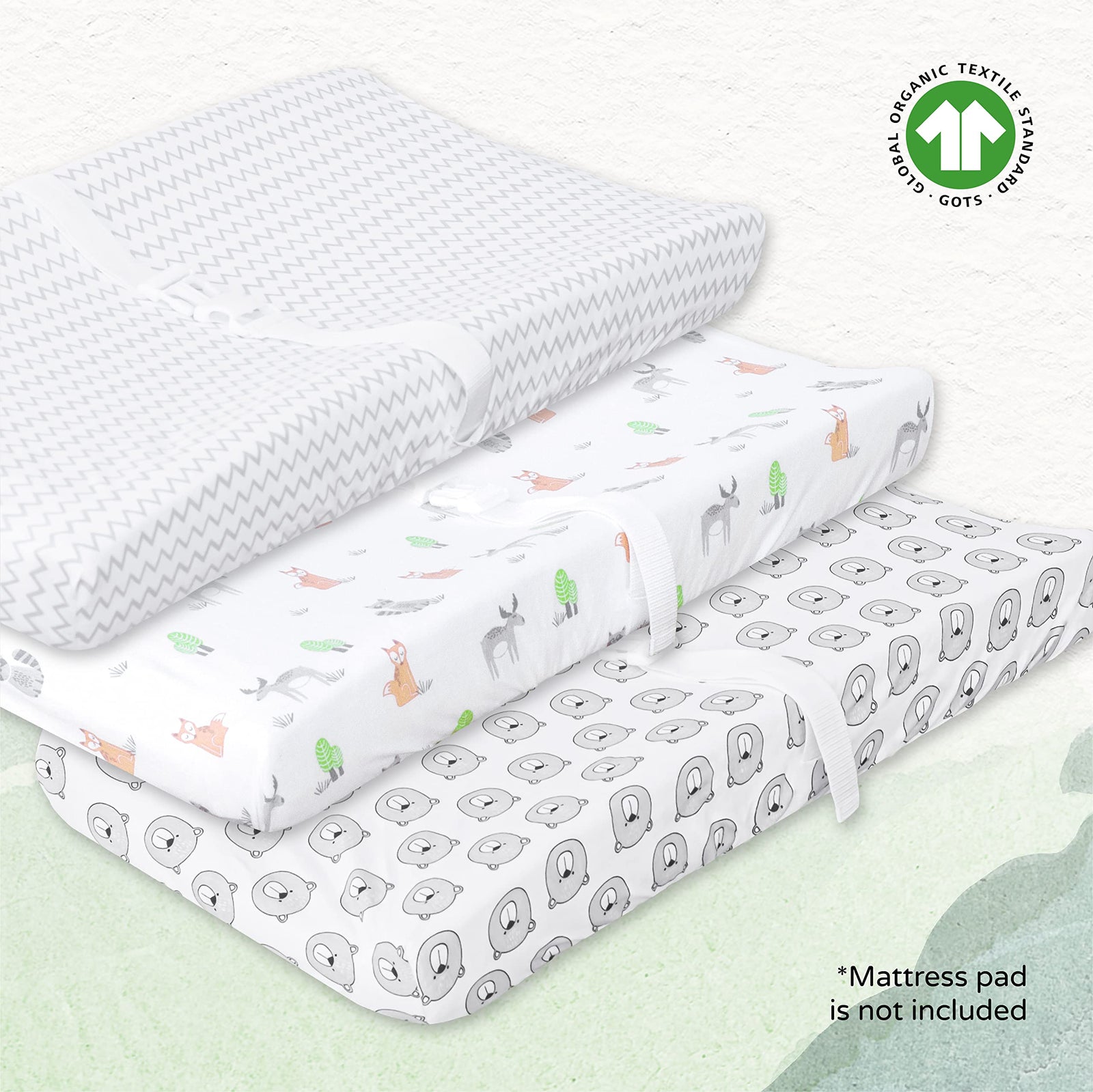 Moon Organic Changing Pad Cover. Washable. Soft Material. Slit For Safety Strap. Elastic Fit. Pack Of 3. Changing Mat Cover, 100% Organic Cotton Changing Pad Liner.Bear, Grey Strips & Forest 0M+.