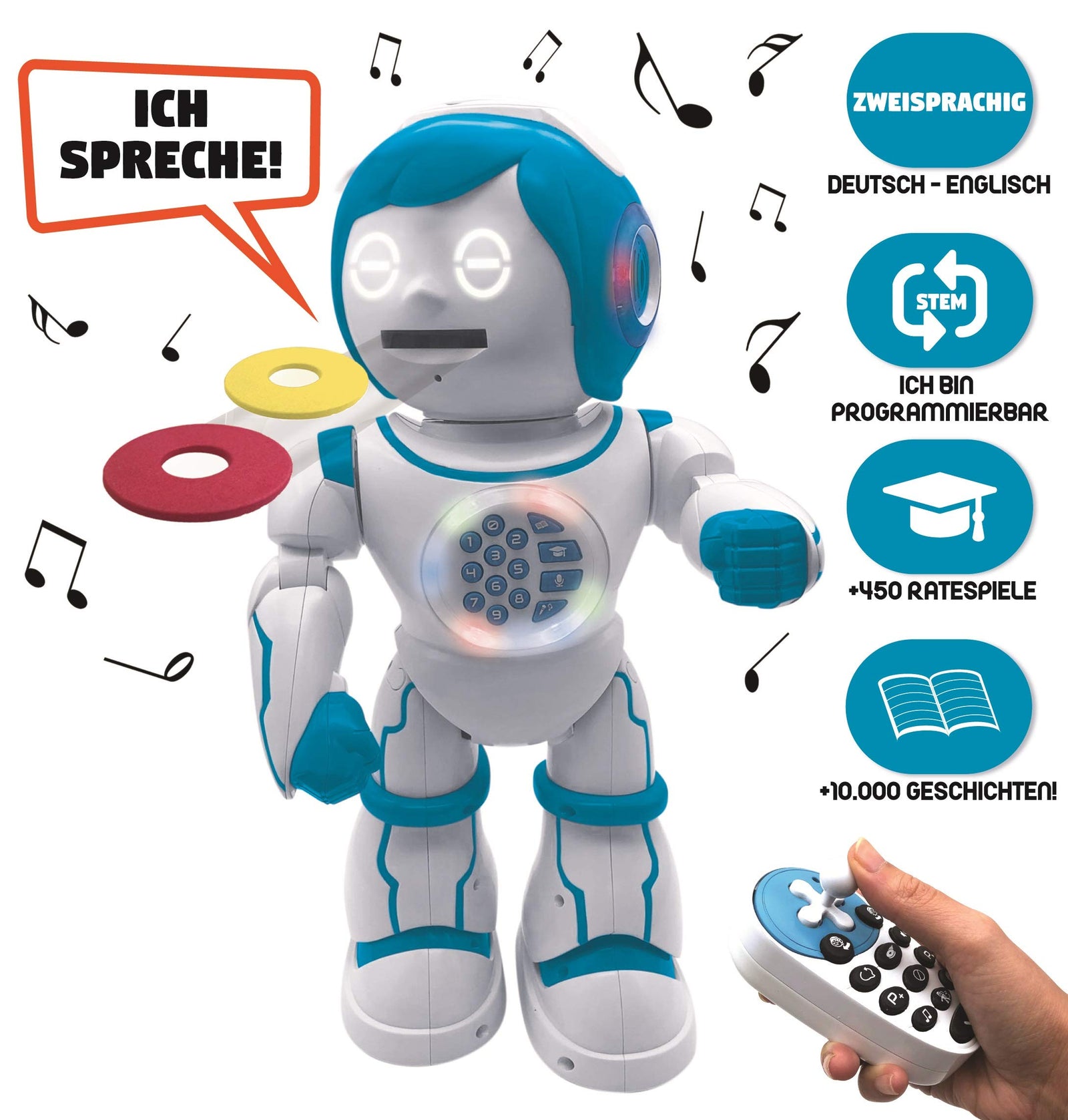 Lexibook Powerman Kid - Educational and Bilingual English/French Robot - Walking Talking Dancing Singing Toy - STEM Programmable Telling Creating Stories - Quizzes Shooting Discs for kids - ROB90DE