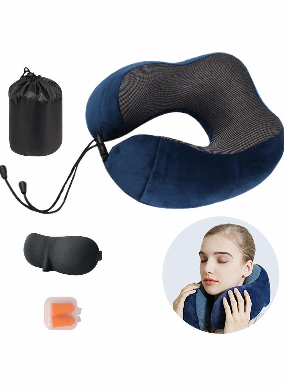 HomarKet Travel Pillow Kit Comfortable & Breathable Memory Foam Neck Pillow with 3D Sleep Mask, Earplugs and Luxury Bag