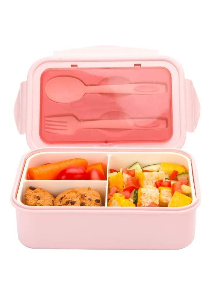 BELLSBERRY Lunch Box for Adults & Kids, 1400ml Food Container with 3 Compartments and Cutlery Set (Fork and Spoon) - Microwave and Dishwasher Safe (Pink)