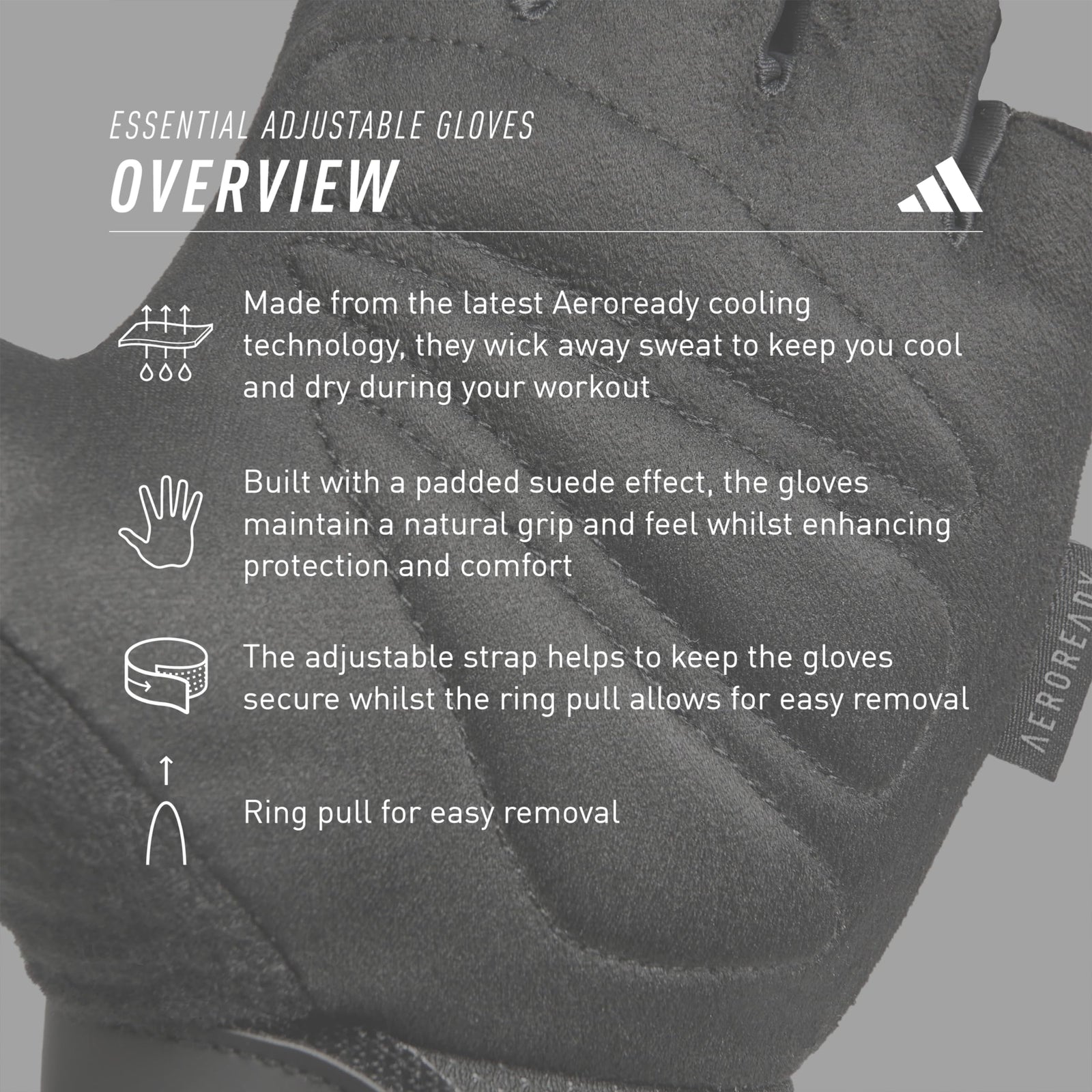 adidas Essential Adjustable Fingerless Gloves for Men and Women - Padded Weight Lifting Gloves - Adjustable Wrist Straps for Tailored, Secure Fit