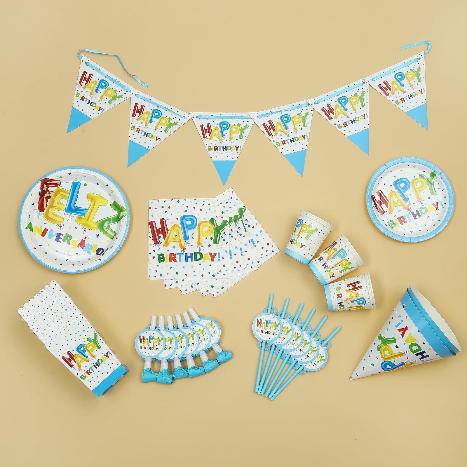 Goldedge 10pc Plastic Reusable Blue Color Straws Printed Happy Birthday & Confetti Used in Party Occasion For All Ages of Boys Men Medium DI-79