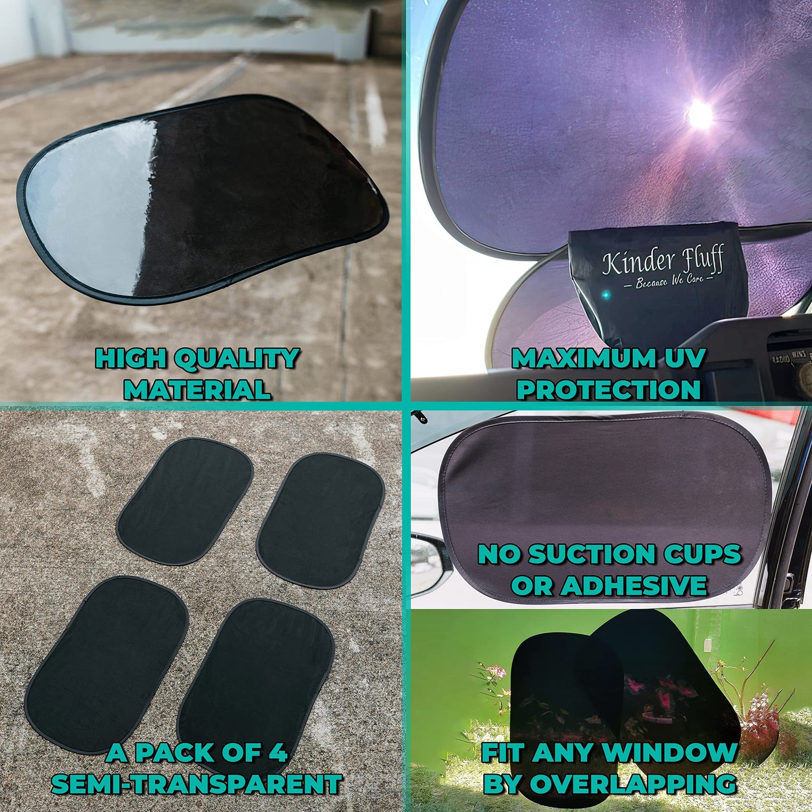 Kinder Fluff Car Window Sun shade (4X)-The Only Certified Car Sun Shade to Block 99.79% of UVA & 99.95% UVB-Sun Shade for Car Side Window For Baby-Pilot Level Protection for Aircraft, SUV, Van & Cars