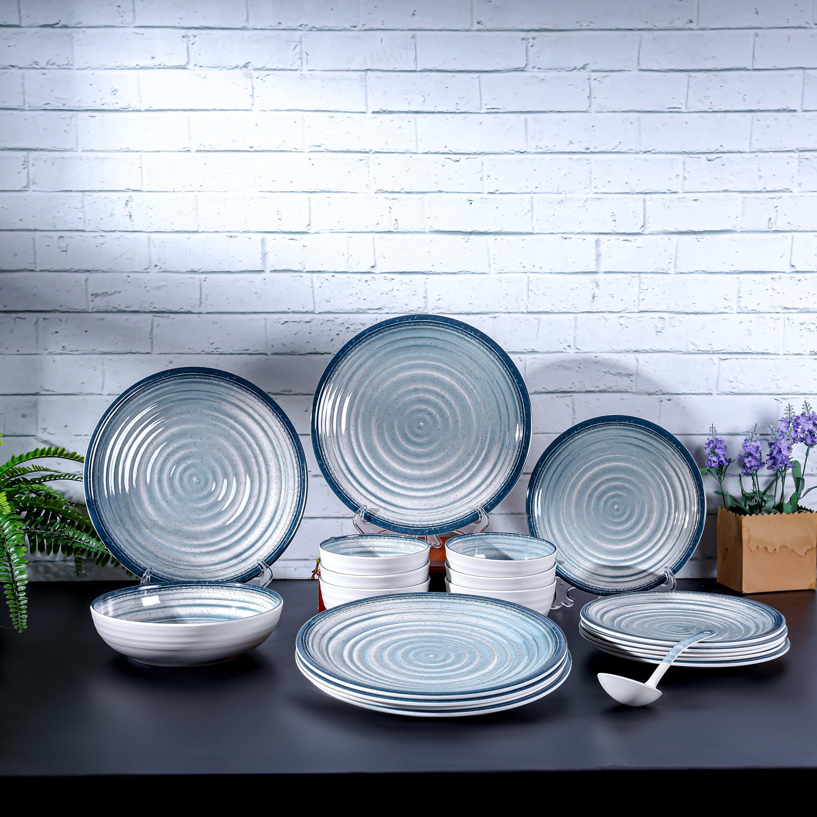 Royalford 20pcs Melamineware Dinner Set RF12512 Includes Dinner and Side Plates, Serving and Rice Bowls and Ladle Dishwasher-Safe and Freezer-Friendly