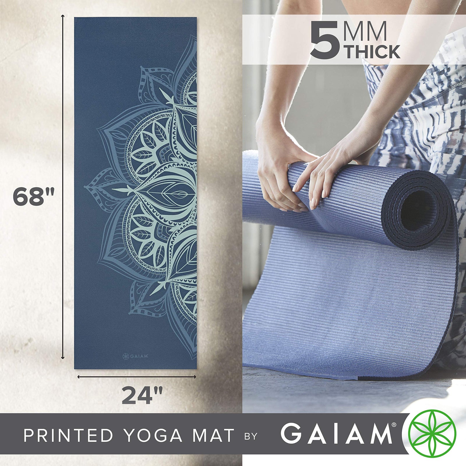 Gaiam Yoga Mat - Premium 5mm Print Thick Non Slip Exercise & Fitness Mat for All Types of Yoga, Pilates & Floor Workouts (68