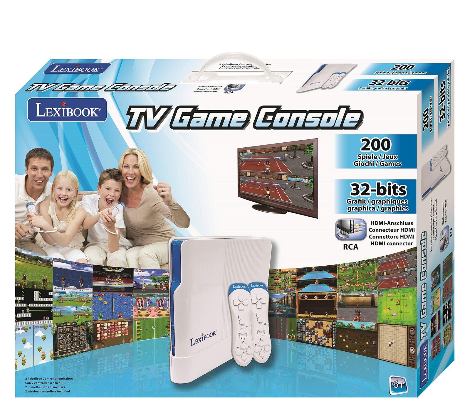 Lexibook TV Game Console, 200 Games, 32-bit, USB-C Adapter, White/Blue, JG7430