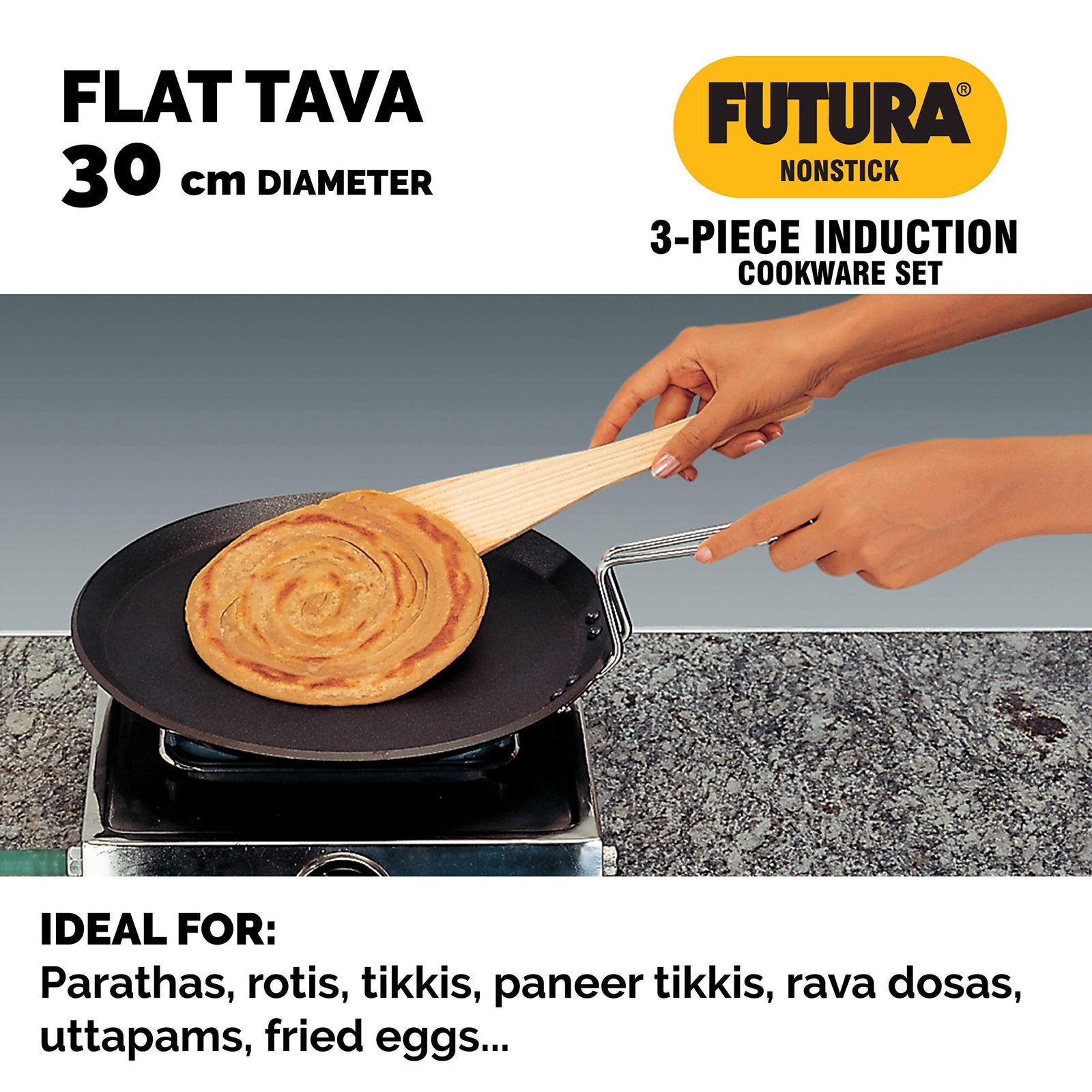 Hawkins Futura Nonstick Cookware Set No 1 (Flat Tawa, Frying Pan, Curry Pan (Saute Pan), Black