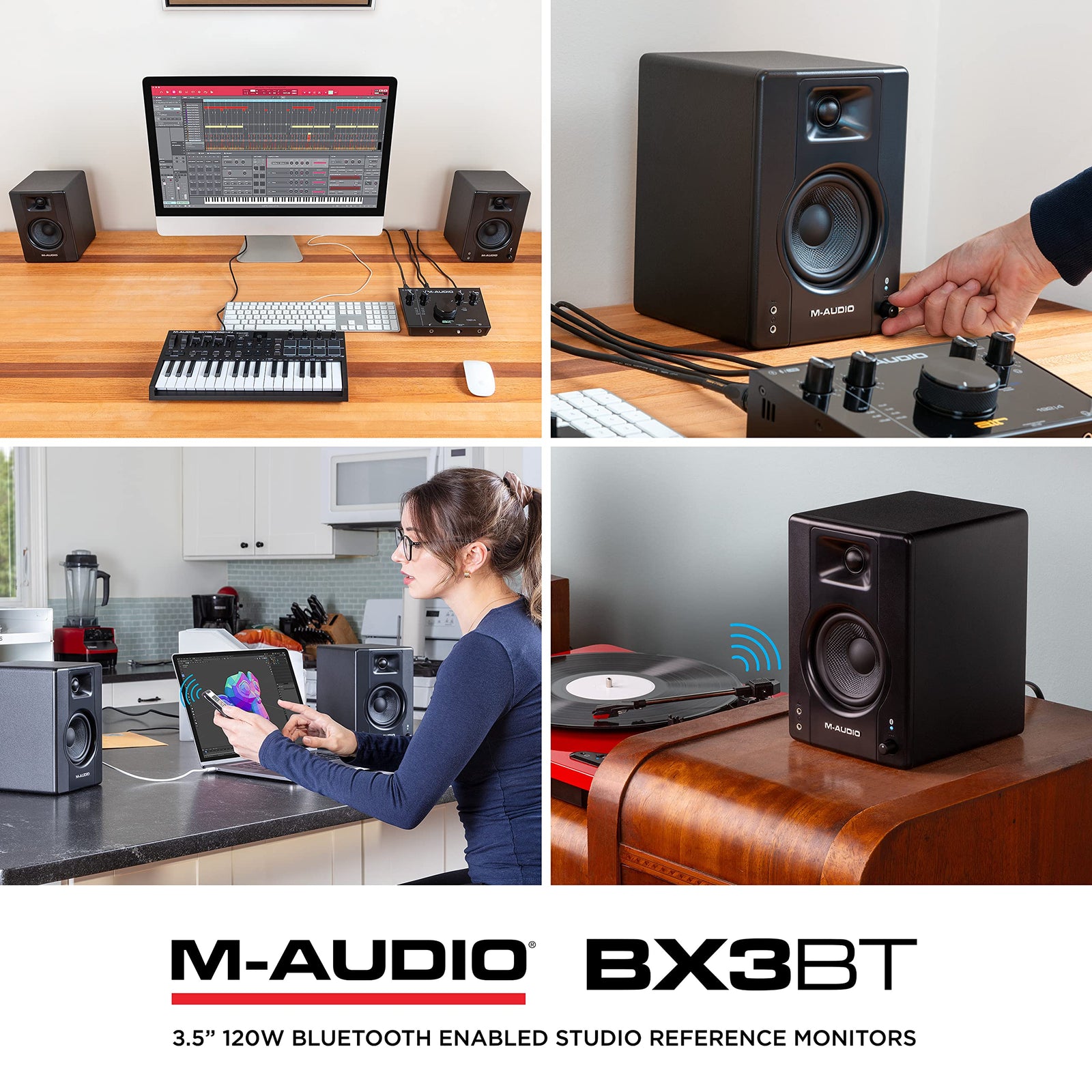 M Audio Bx3 Bt 3.5 Inch Bluetooth Multimedia Monitors Pair 120W Powered Monitor With 3.5'' Kevlar Lf Driver, 1'' Silk Dome Hf And Pair, Black, RCA