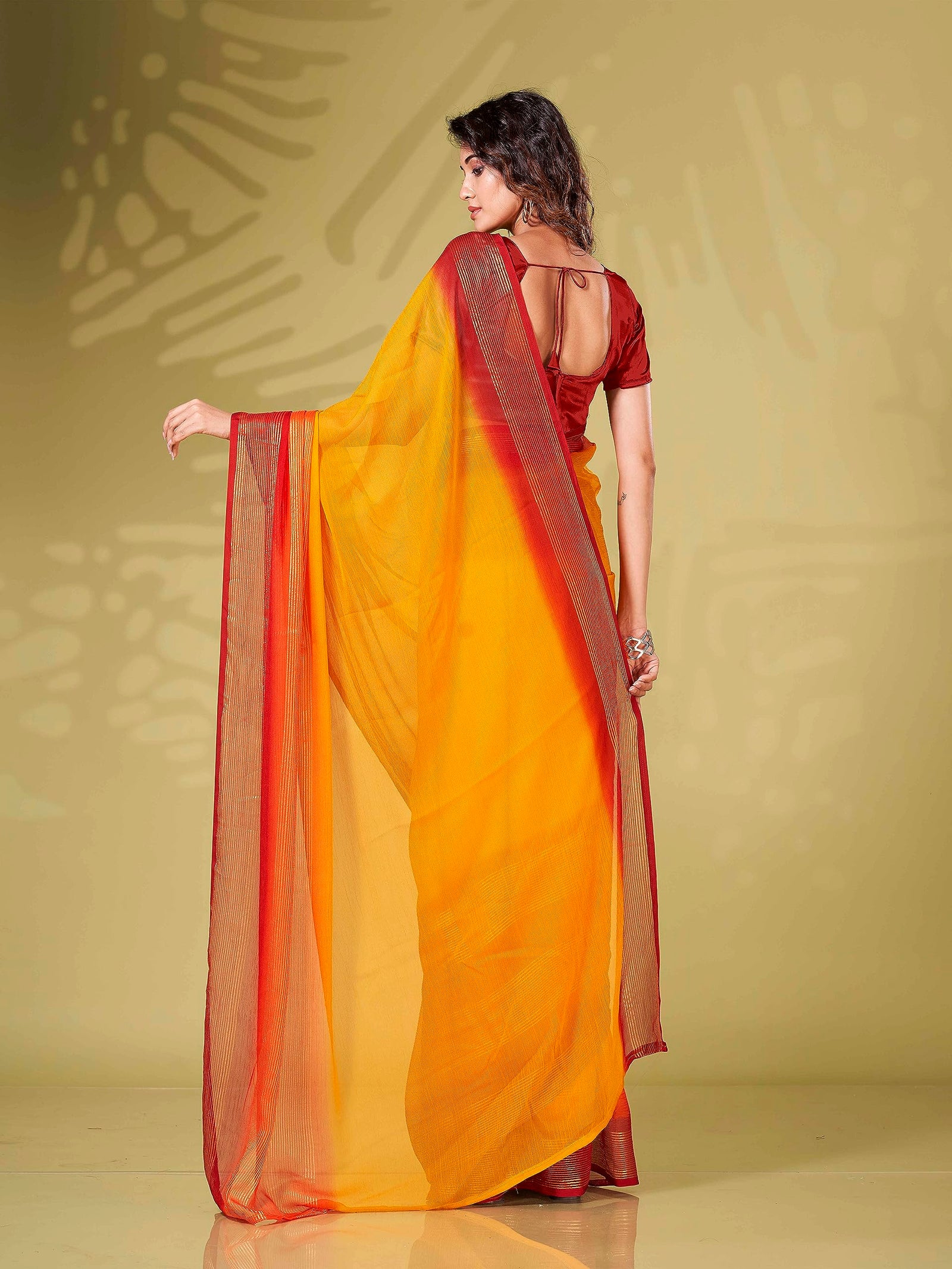 Womanista Women's Solid Poly Chiffon Ready to Wear Saree (TI4058_Yellow & Red)