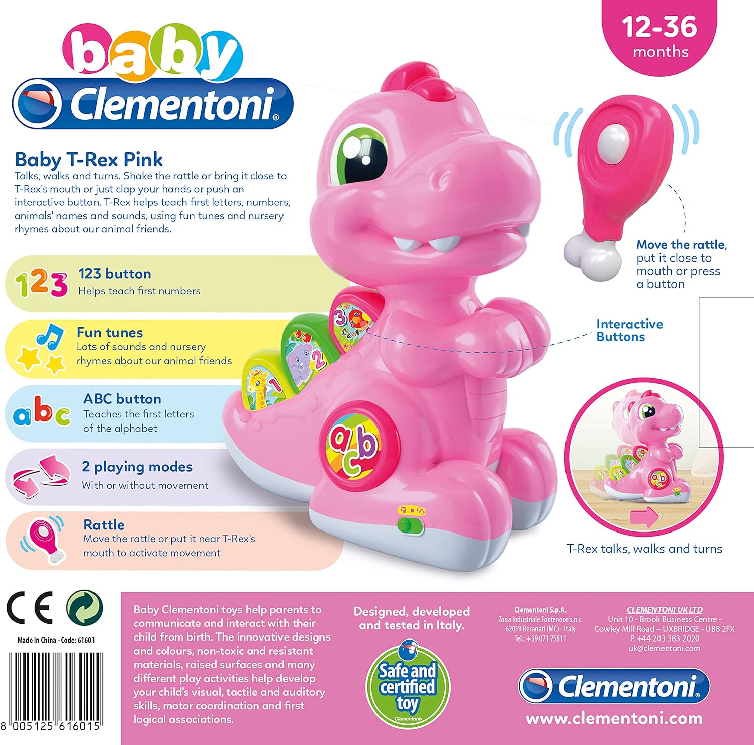 Clementoni Baby - Baby T Rex PINK (12-36 Month)