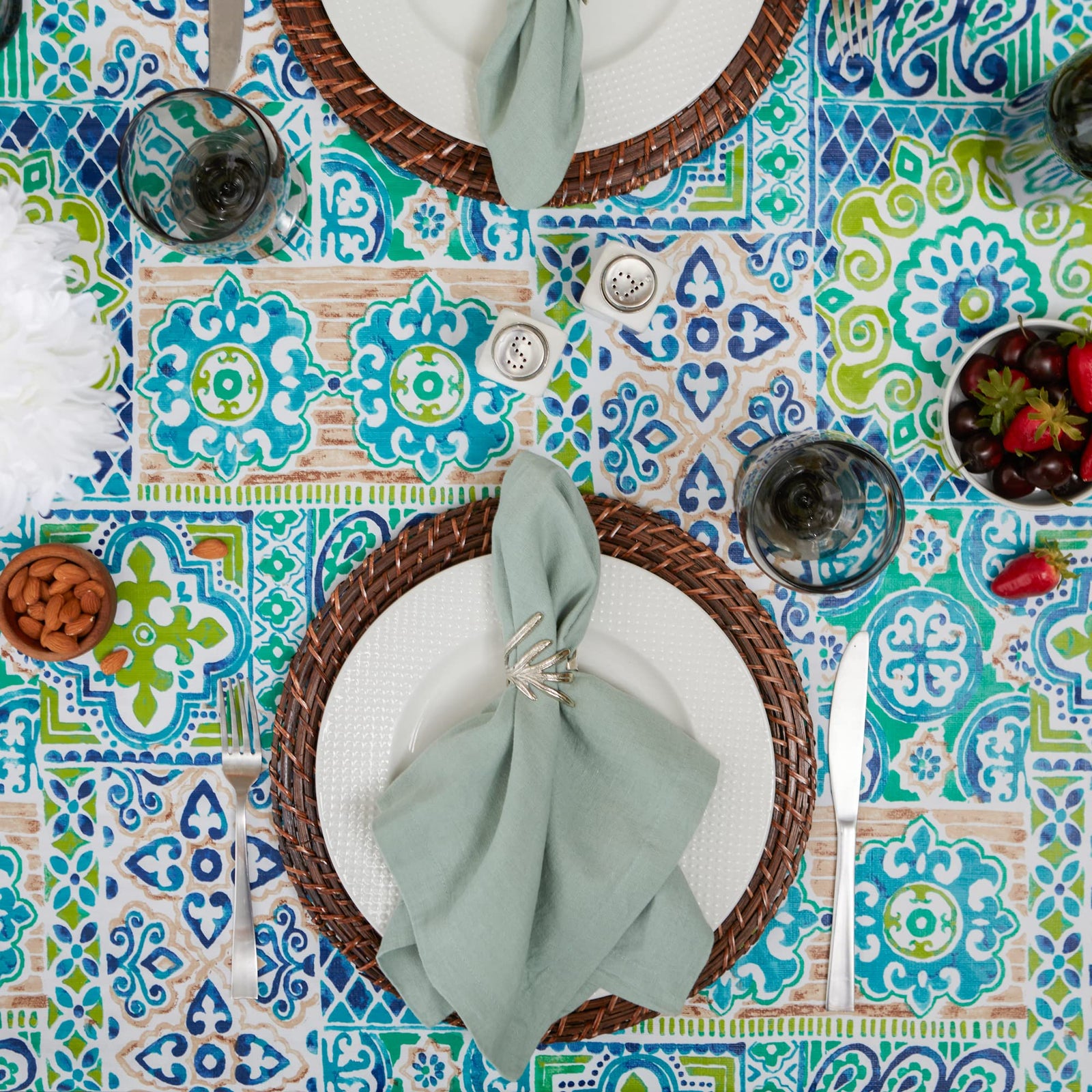 DII Spanish Tile Print Collection Vinyl Multi Use, Flannel Backed Tablecloth, Rectangle, 60x102, Spanish Tile