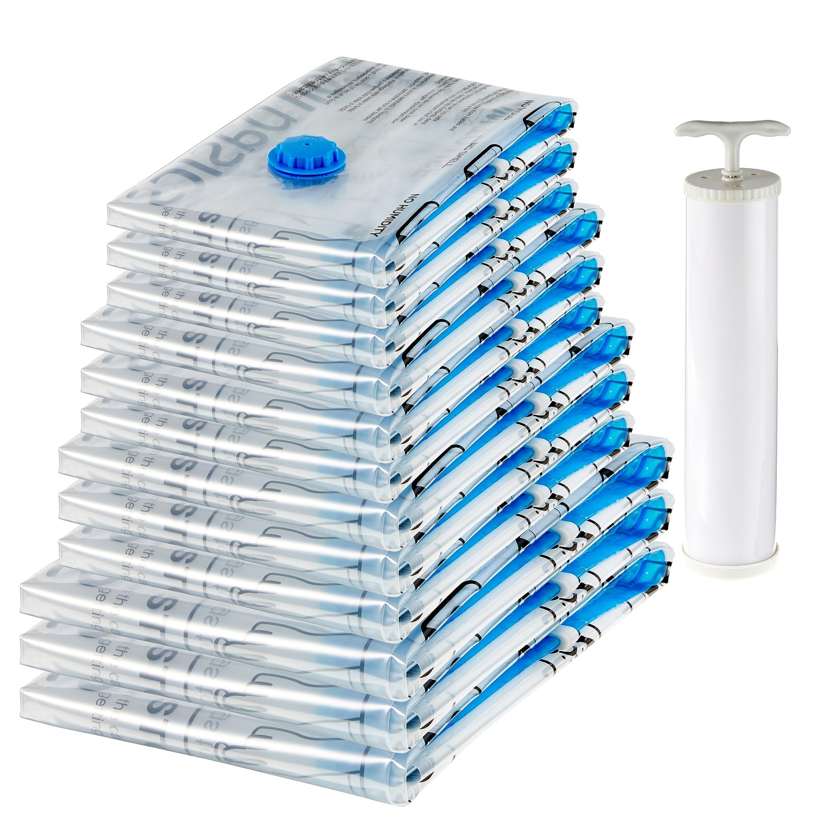 Amazon Basics Vacuum Compression Zipper Storage Bags with Airtight Valve and Hand Pump, 3x (Jumbo, Large, Medium, Small), 12-Pack, Multiple, Clear