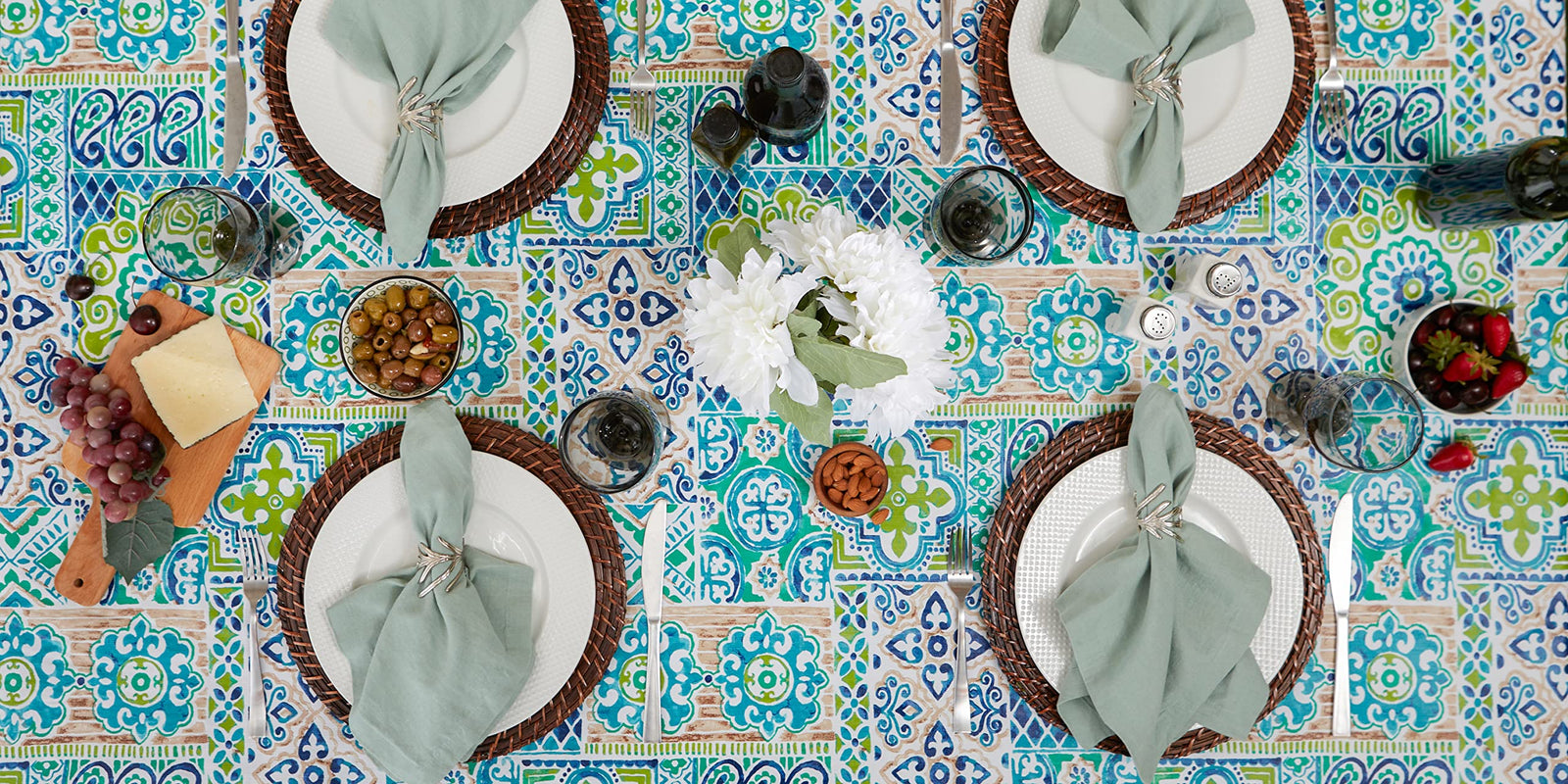 DII Spanish Tile Print Collection Vinyl Multi Use, Flannel Backed Tablecloth, Rectangle, 60x102, Spanish Tile