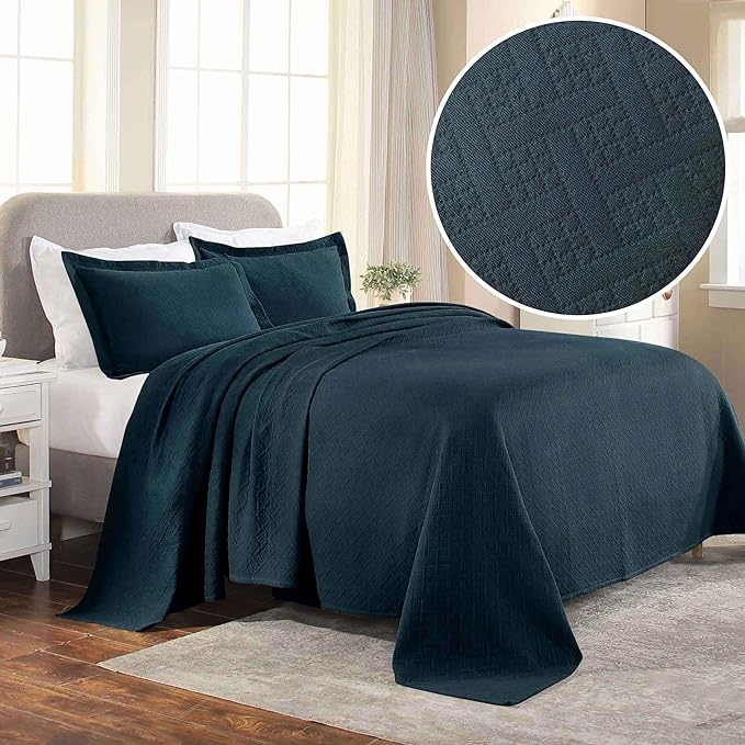 SUPERIOR Bedspread with Pillow Shams, Cotton, Deep Sea, Queen